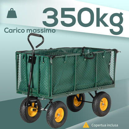 Garden Cart 342L with Foldable Sides Handle and 4 Wheels, 138x57x84cm, Green