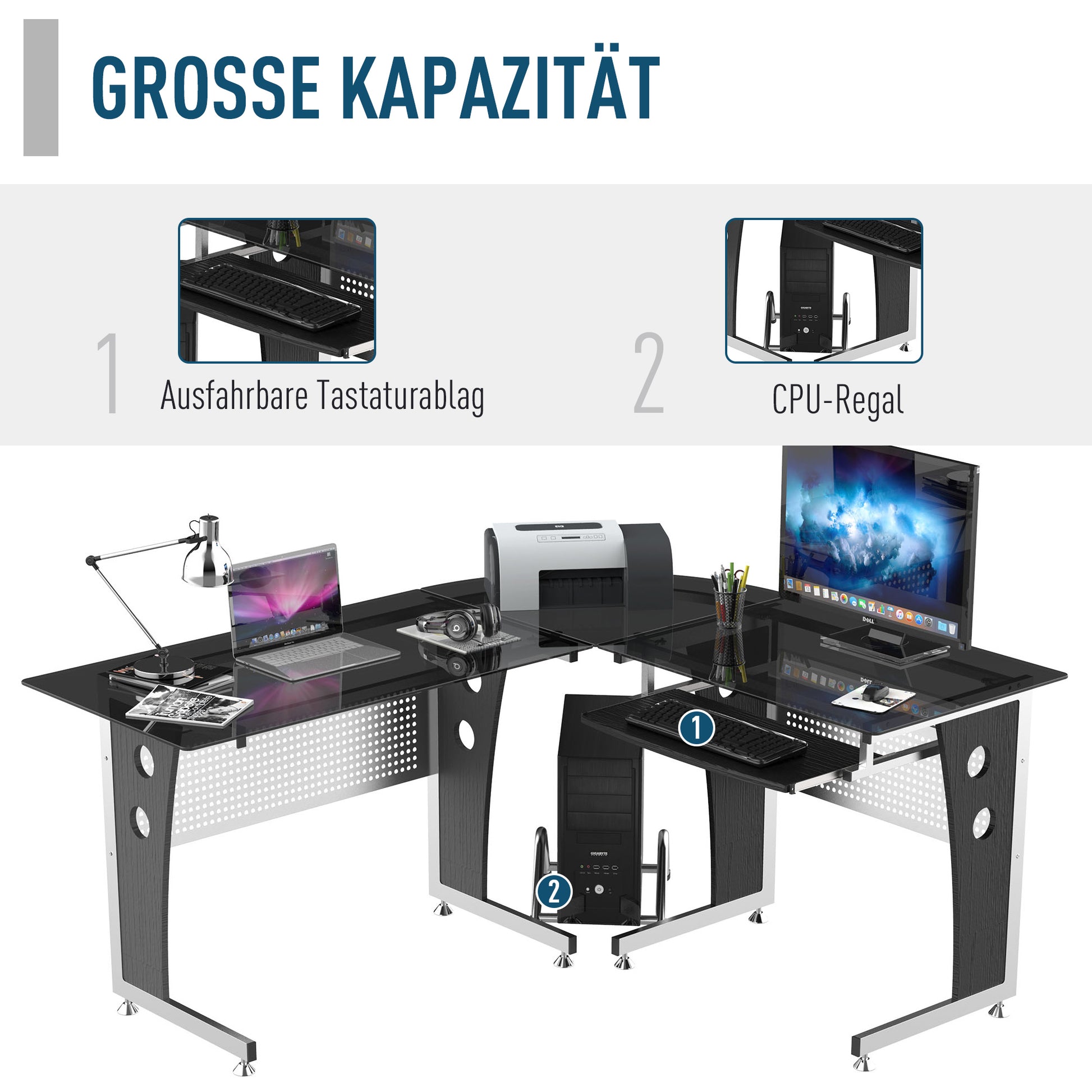 Computer Desk Corner Desk Office Desk PC Desk with Black Safety Glass L-shaped 164x139x75 cm