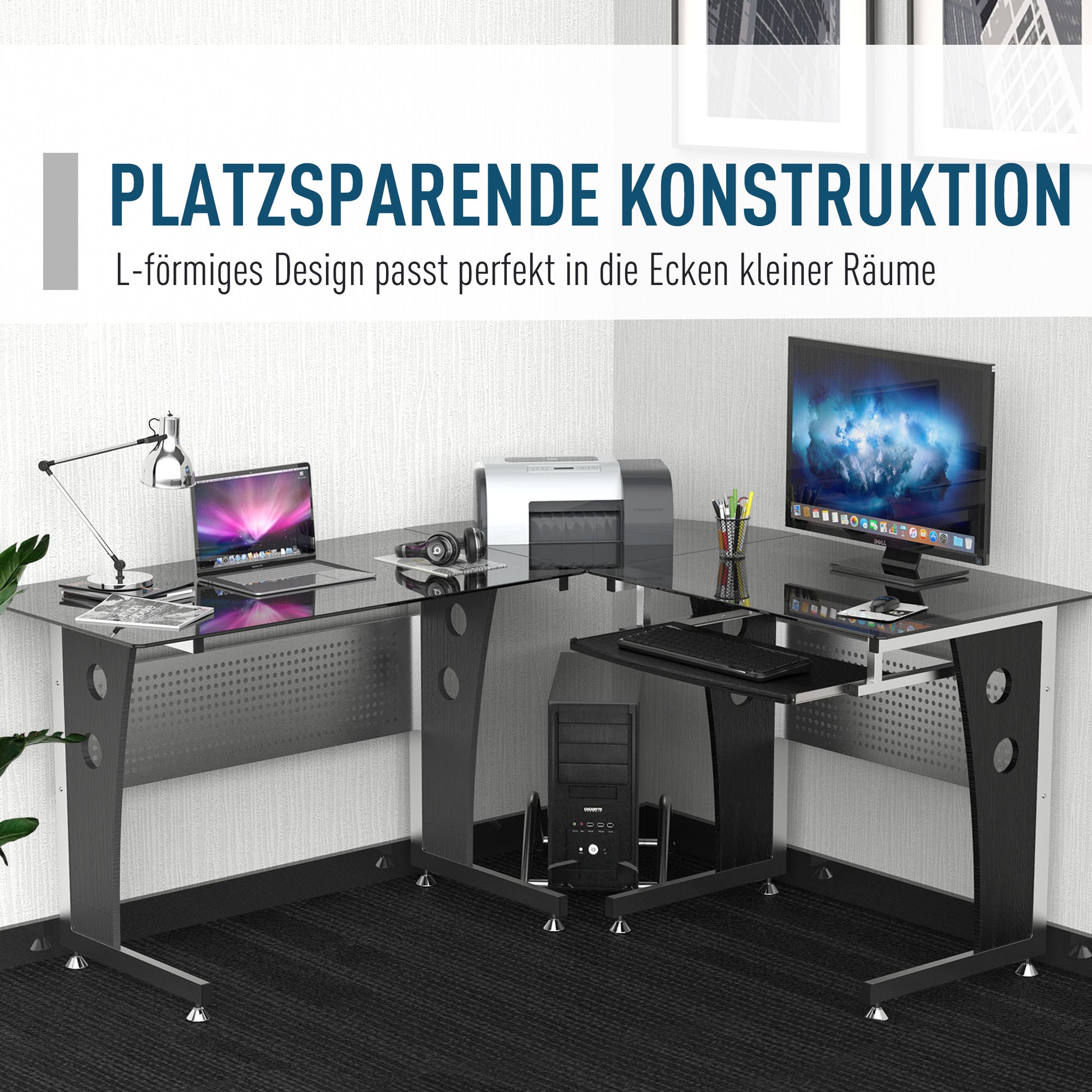 Computer Desk Corner Desk Office Desk PC Desk with Black Safety Glass L-shaped 164x139x75 cm