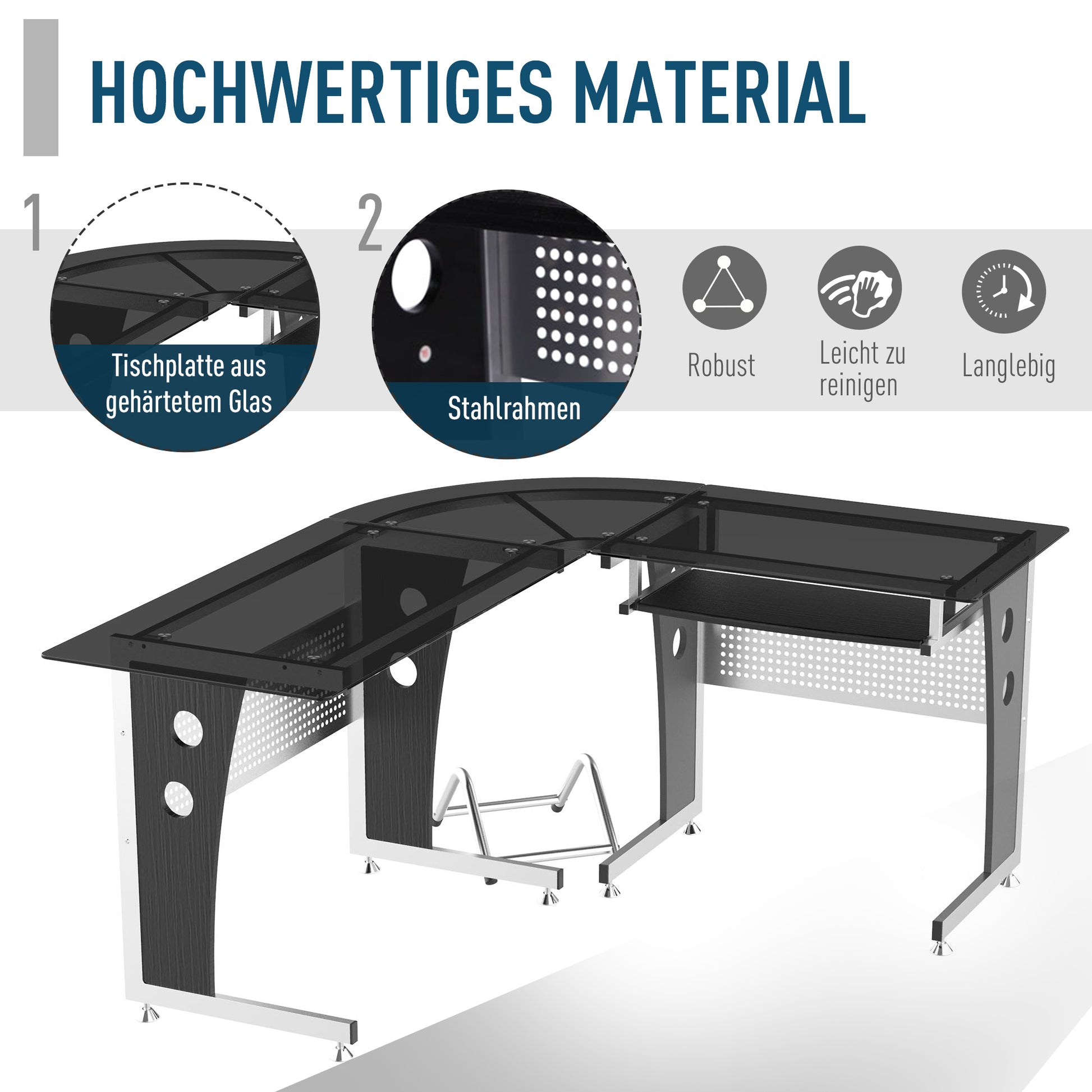Computer Desk Corner Desk Office Desk PC Desk with Black Safety Glass L-shaped 164x139x75 cm