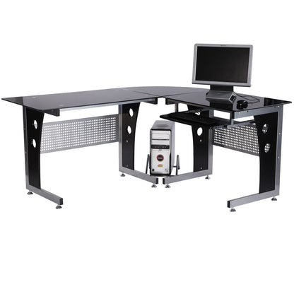 Computer Desk Corner Desk Office Desk PC Desk with Black Safety Glass L-shaped 164x139x75 cm