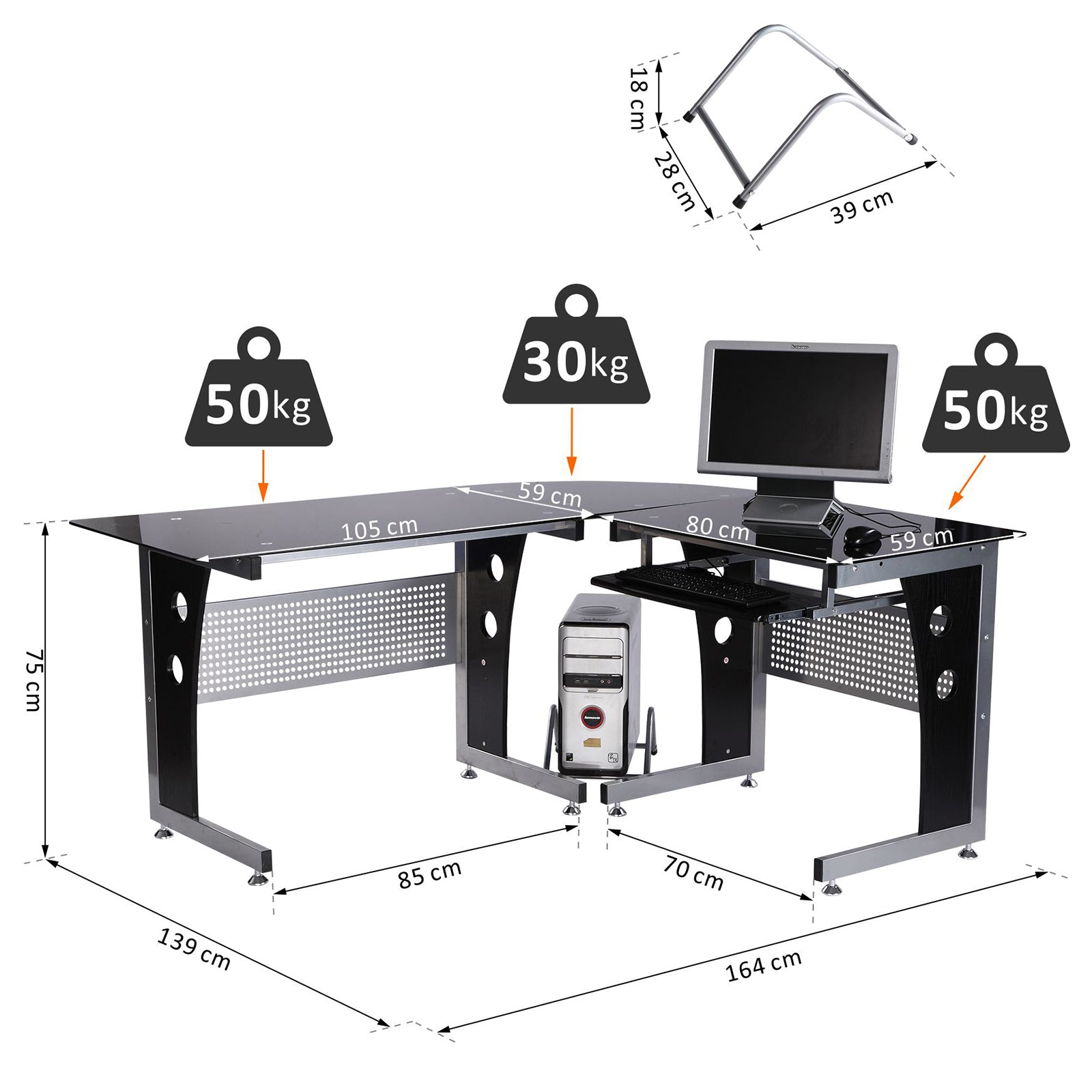 Computer Desk Corner Desk Office Desk PC Desk with Black Safety Glass L-shaped 164x139x75 cm