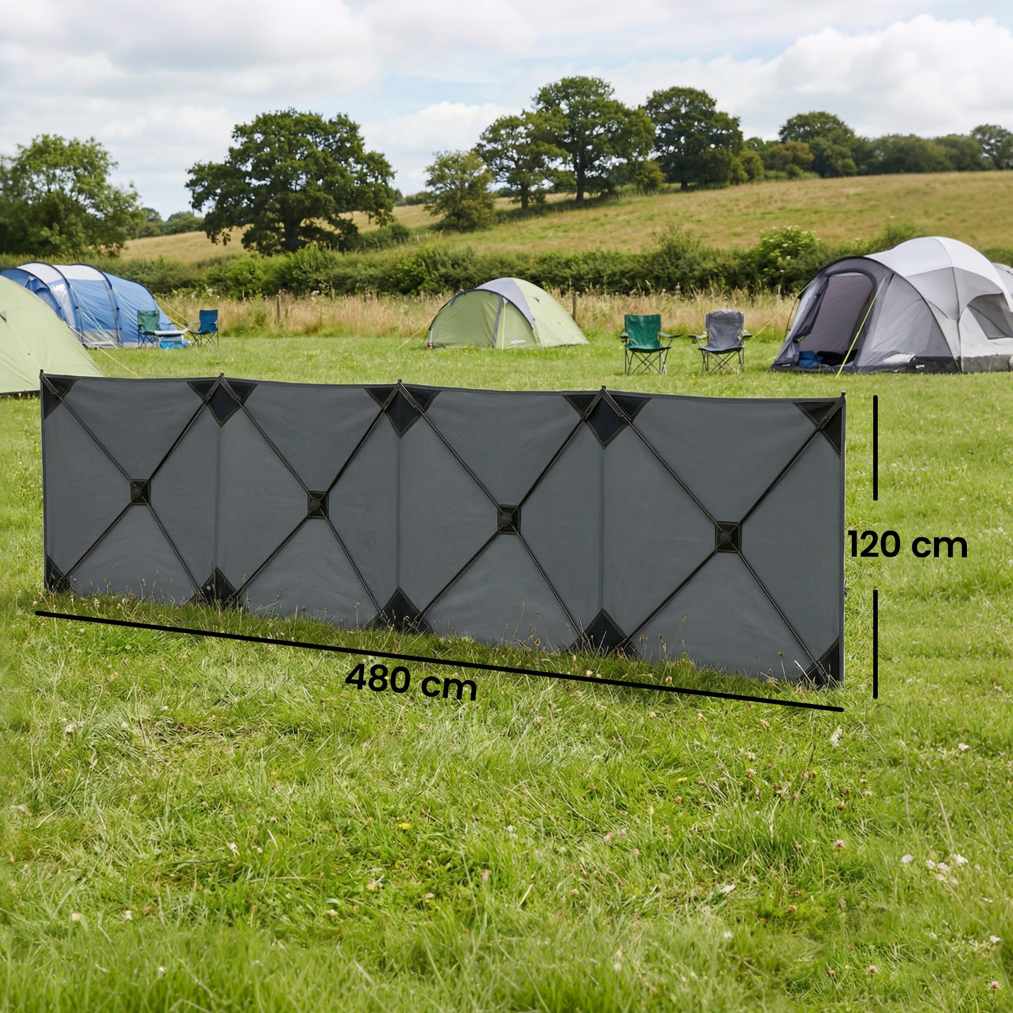 Foldable Windbreak – Camping Privacy Screen with Guy Ropes, Ground Pegs & Carry Bag, 480 x 120 cm (15 ft 9 in x 3 ft 11 in), Dark Gray