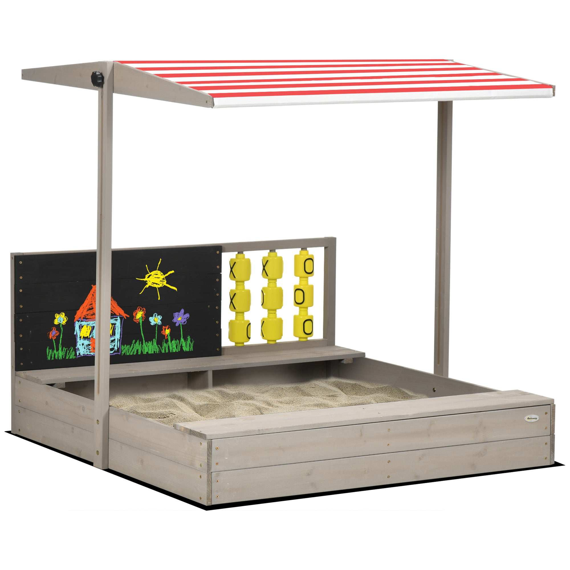 Wooden Sandbox for Kids 3-7 Years Old Children's Sandbox with Adjustable Non-Woven Fabric Roof 2-Seat Bench Chalkboard and Toys for Patio Garden 114x113x110 cm Gray