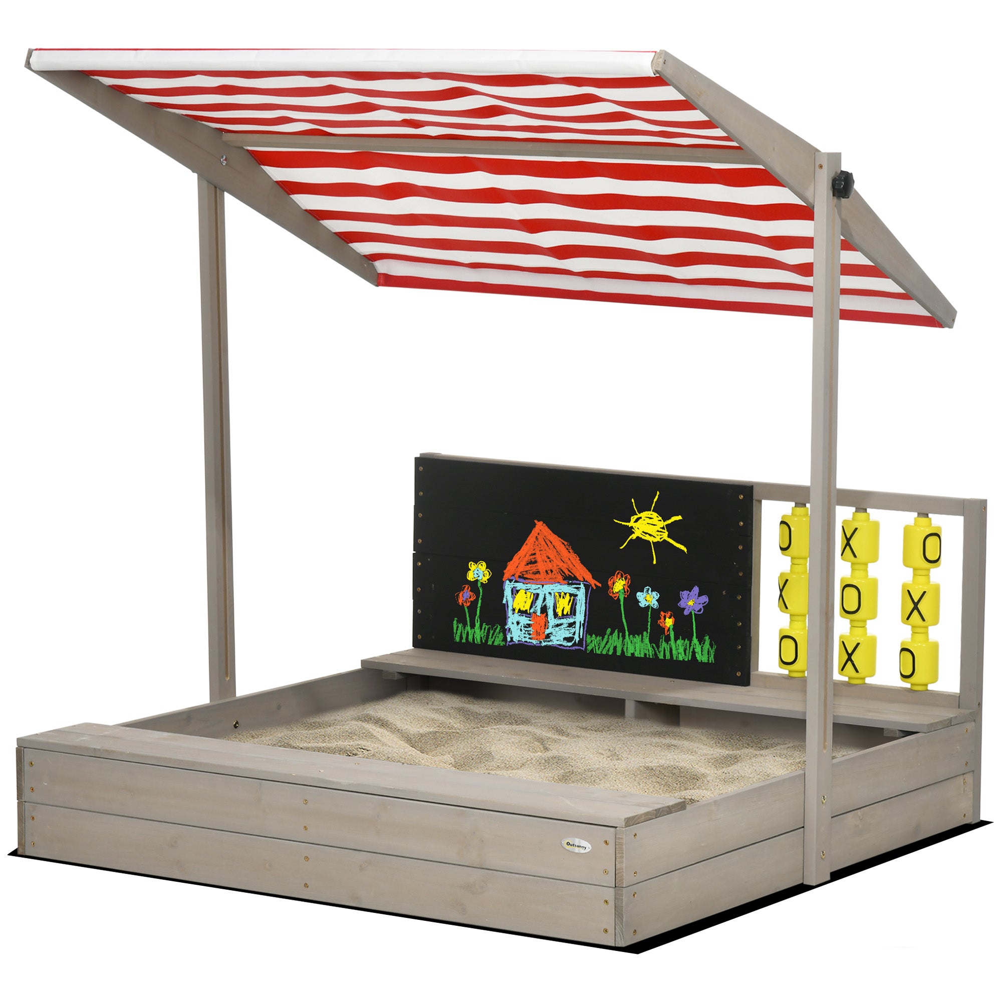Wooden Sandbox for Kids 3-7 Years Old Children's Sandbox with Adjustable Non-Woven Fabric Roof 2-Seat Bench Chalkboard and Toys for Patio Garden 114x113x110 cm Gray