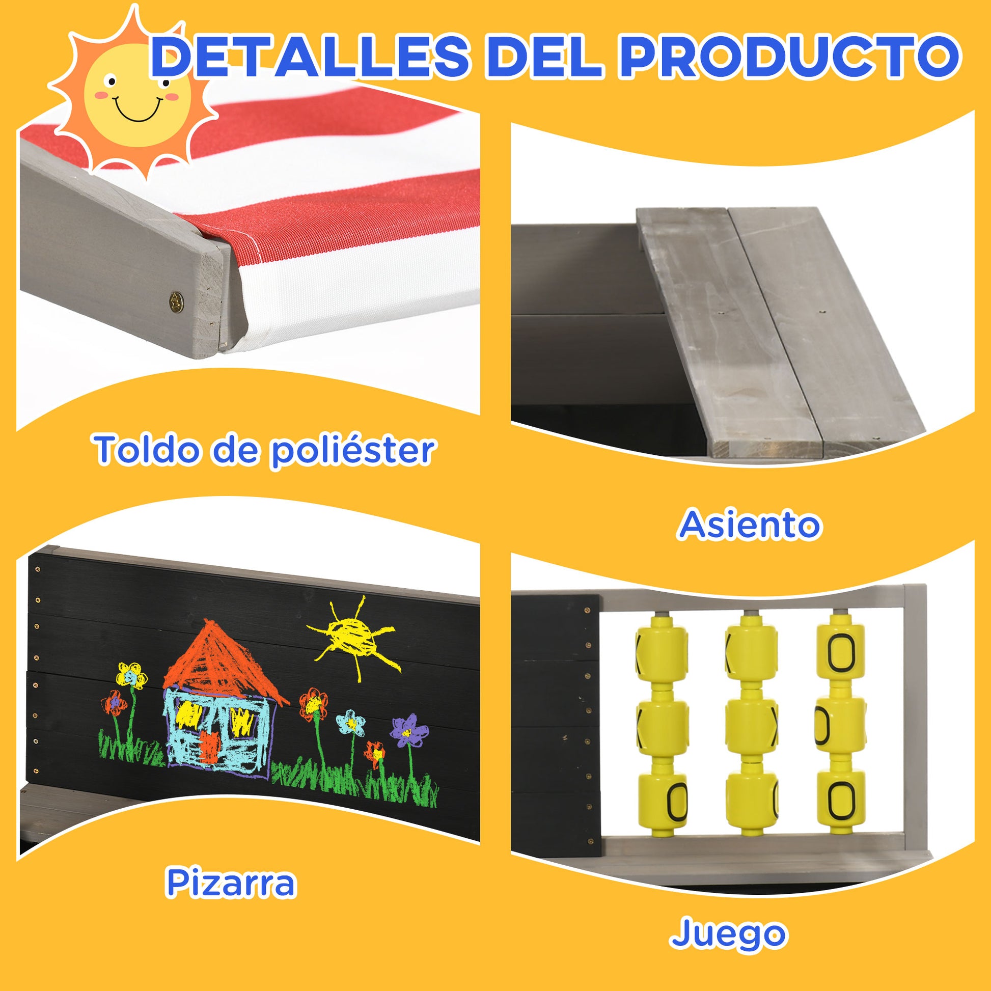 Wooden Sandbox for Kids 3-7 Years Old Children's Sandbox with Adjustable Non-Woven Fabric Roof 2-Seat Bench Chalkboard and Toys for Patio Garden 114x113x110 cm Gray