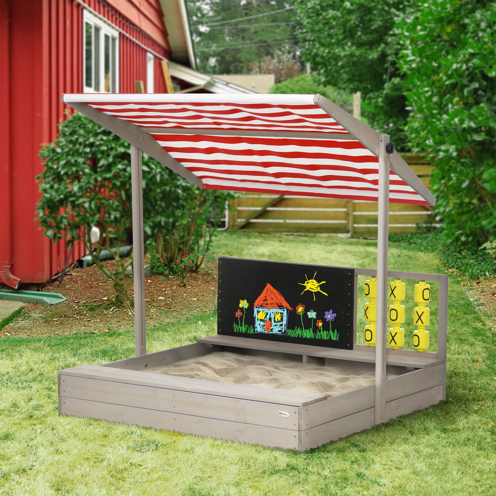 Wooden Sandbox for Kids 3-7 Years Old Children's Sandbox with Adjustable Non-Woven Fabric Roof 2-Seat Bench Chalkboard and Toys for Patio Garden 114x113x110 cm Gray