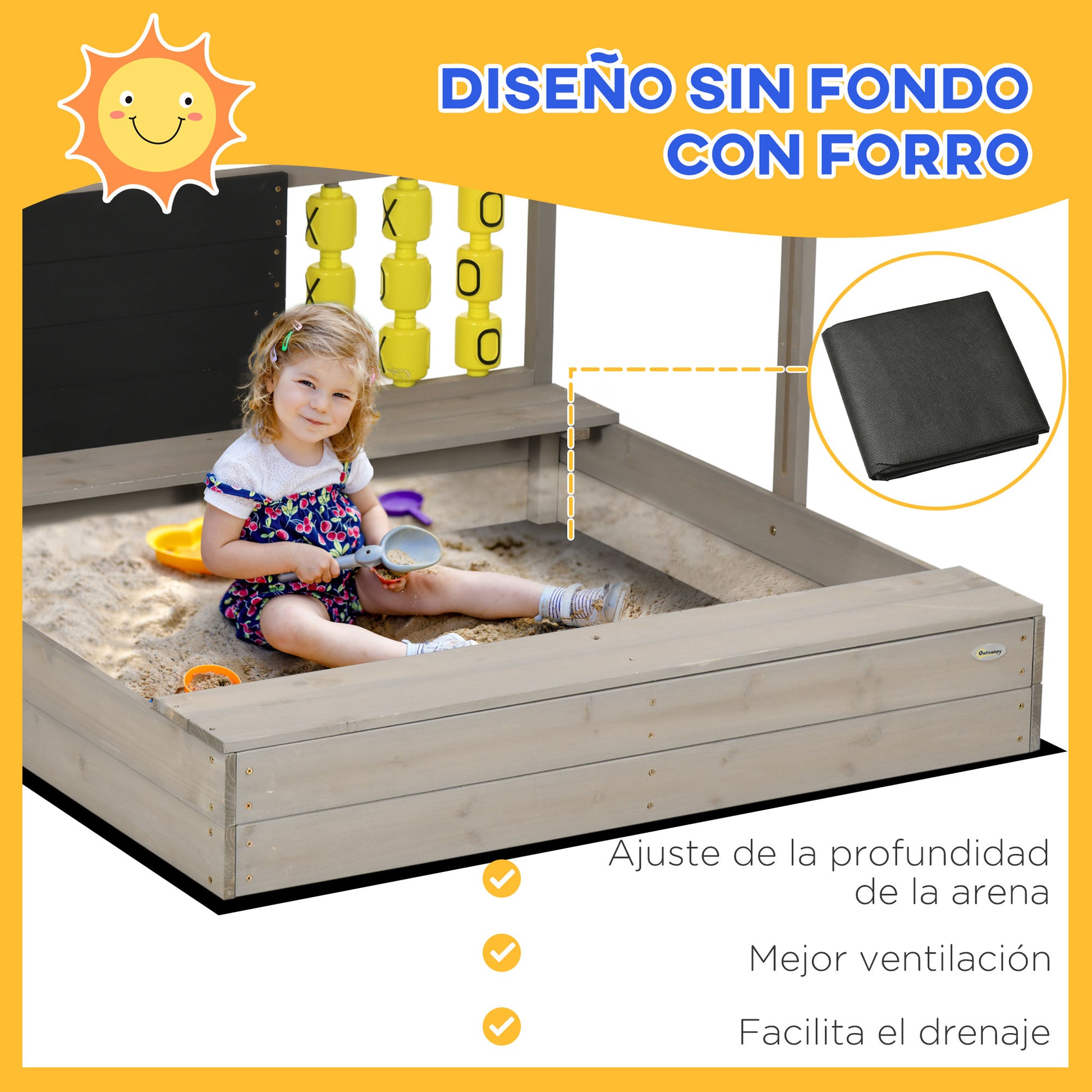 Wooden Sandbox for Kids 3-7 Years Old Children's Sandbox with Adjustable Non-Woven Fabric Roof 2-Seat Bench Chalkboard and Toys for Patio Garden 114x113x110 cm Gray