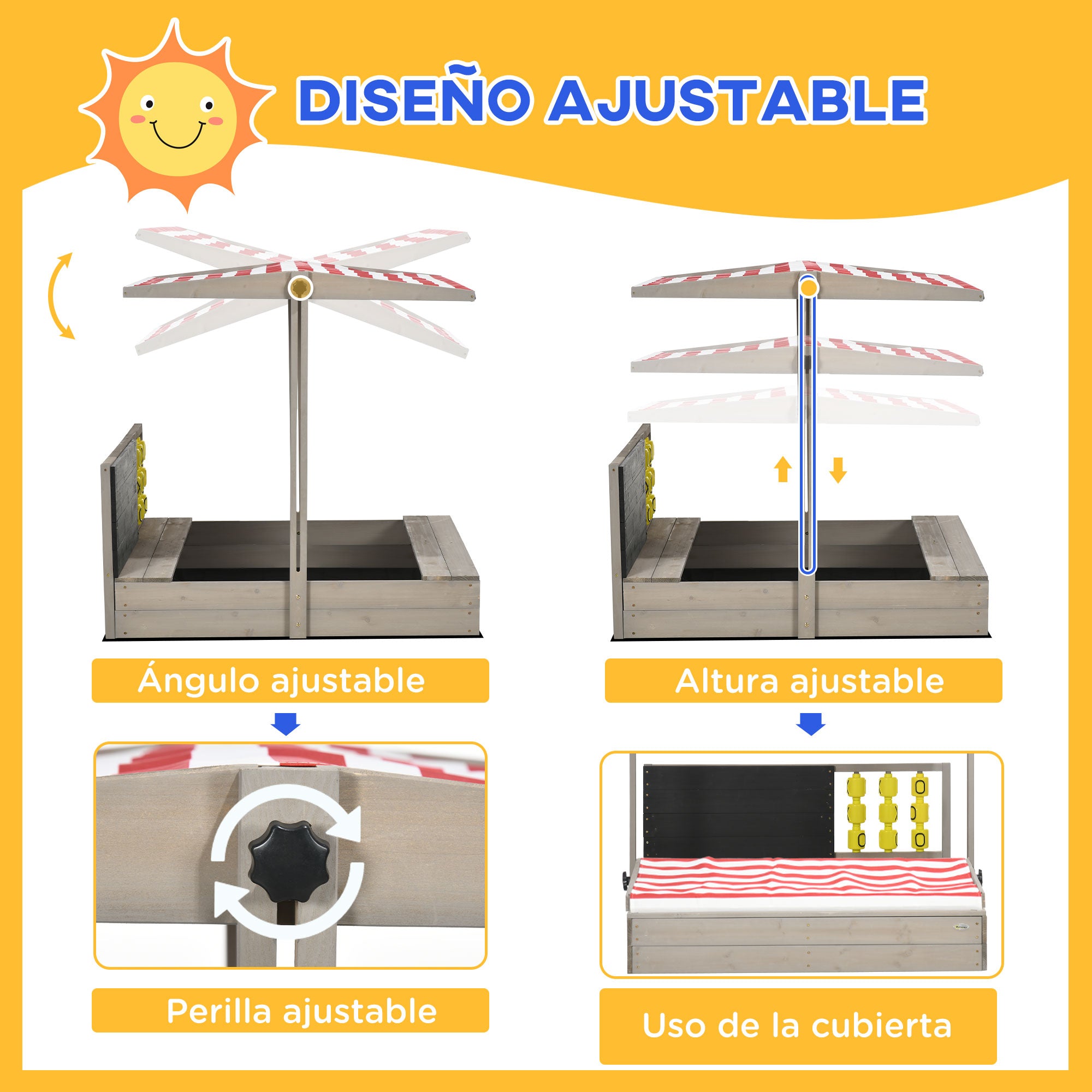 Wooden Sandbox for Kids 3-7 Years Old Children's Sandbox with Adjustable Non-Woven Fabric Roof 2-Seat Bench Chalkboard and Toys for Patio Garden 114x113x110 cm Gray