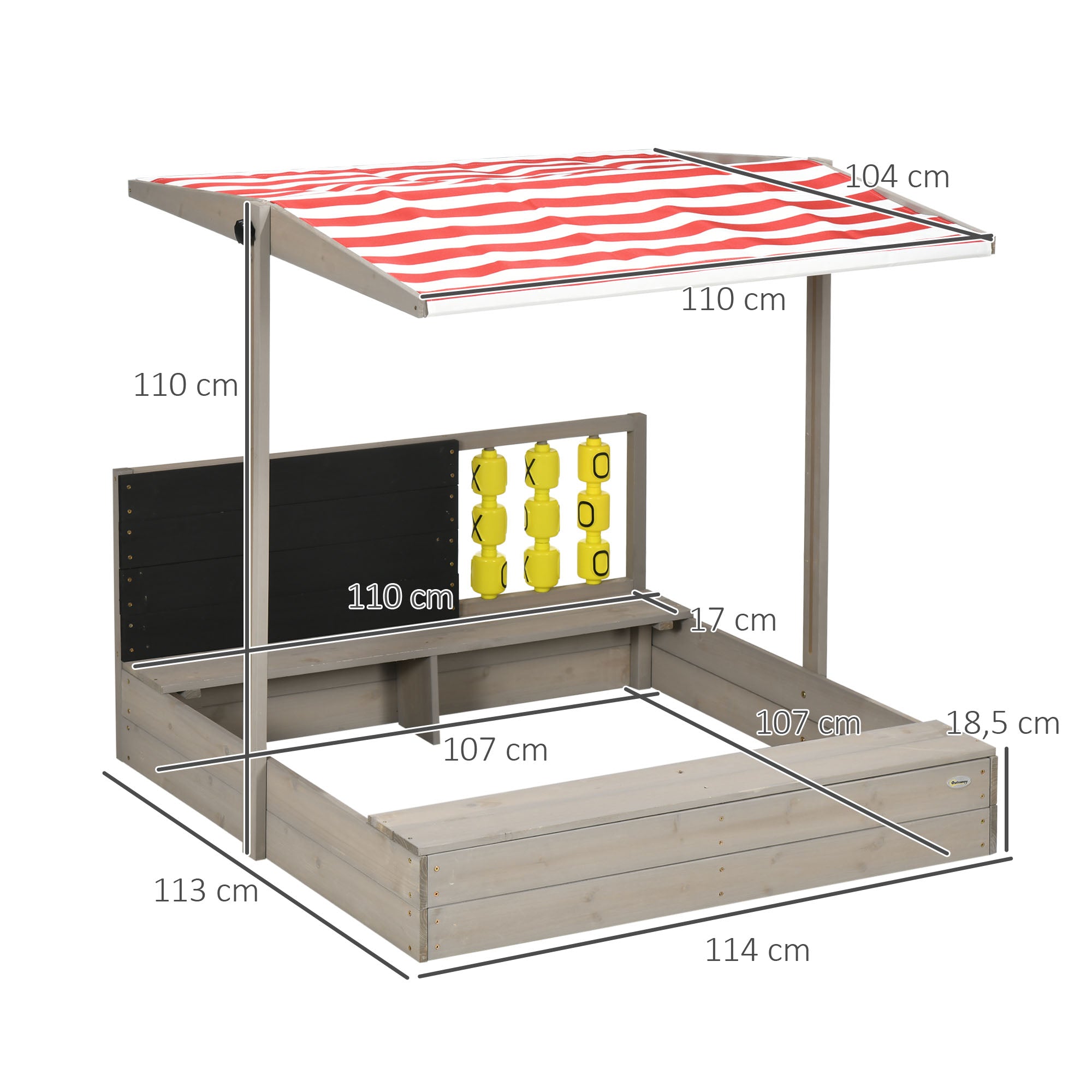 Wooden Sandbox for Kids 3-7 Years Old Children's Sandbox with Adjustable Non-Woven Fabric Roof 2-Seat Bench Chalkboard and Toys for Patio Garden 114x113x110 cm Gray