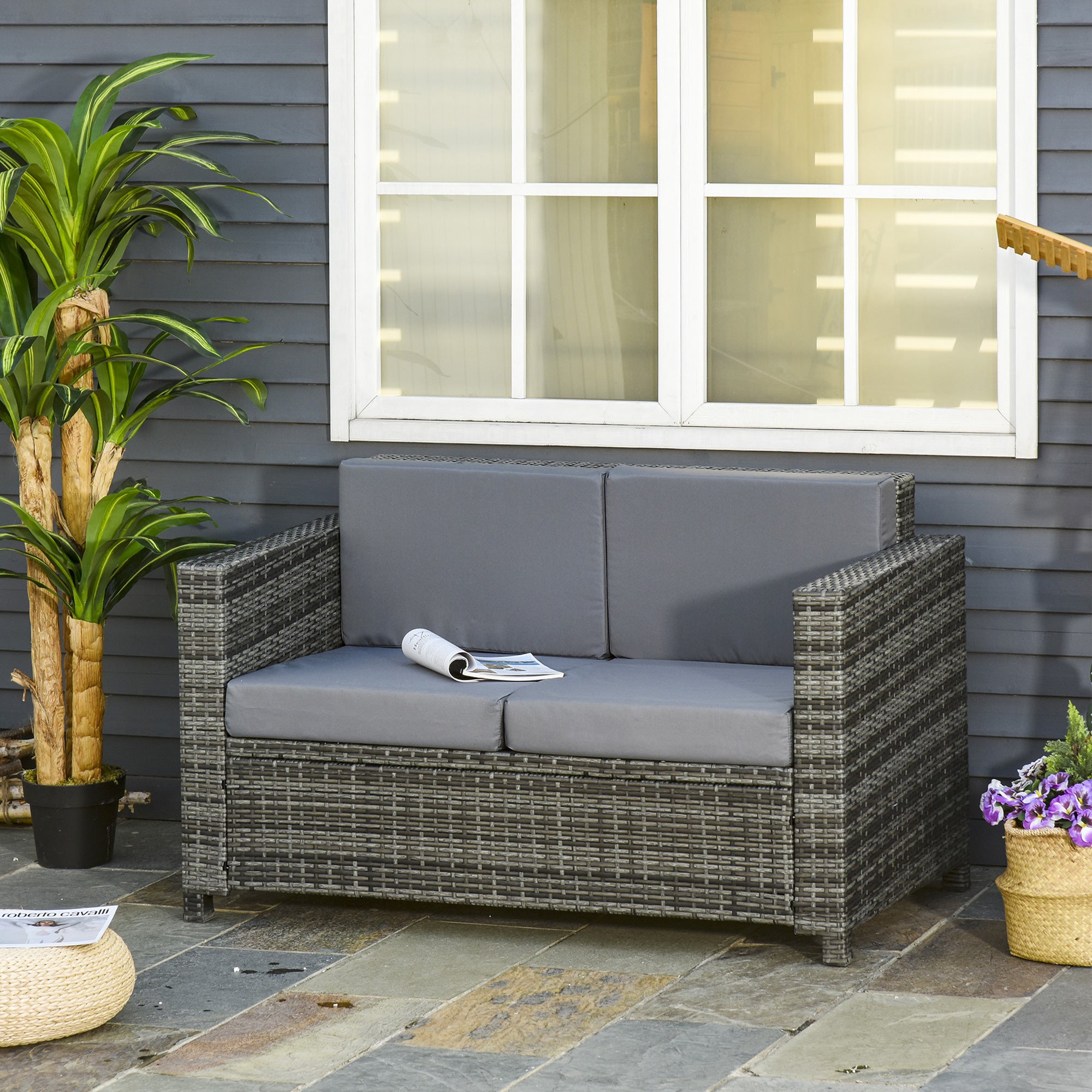 Poly-Rattan Sofa with Cushions 2-Seater Garden Lounge Sofa Metal Polyester Gray 130 x 70 x 80 cm