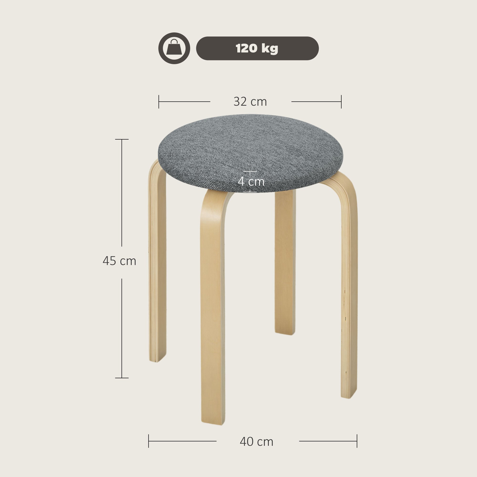 Set of 4 Dining Stools Stackable Round Stools, Kitchen Stools with Linen Look, Padded Stools for Dining Room, Living Room, Kitchen, Gray