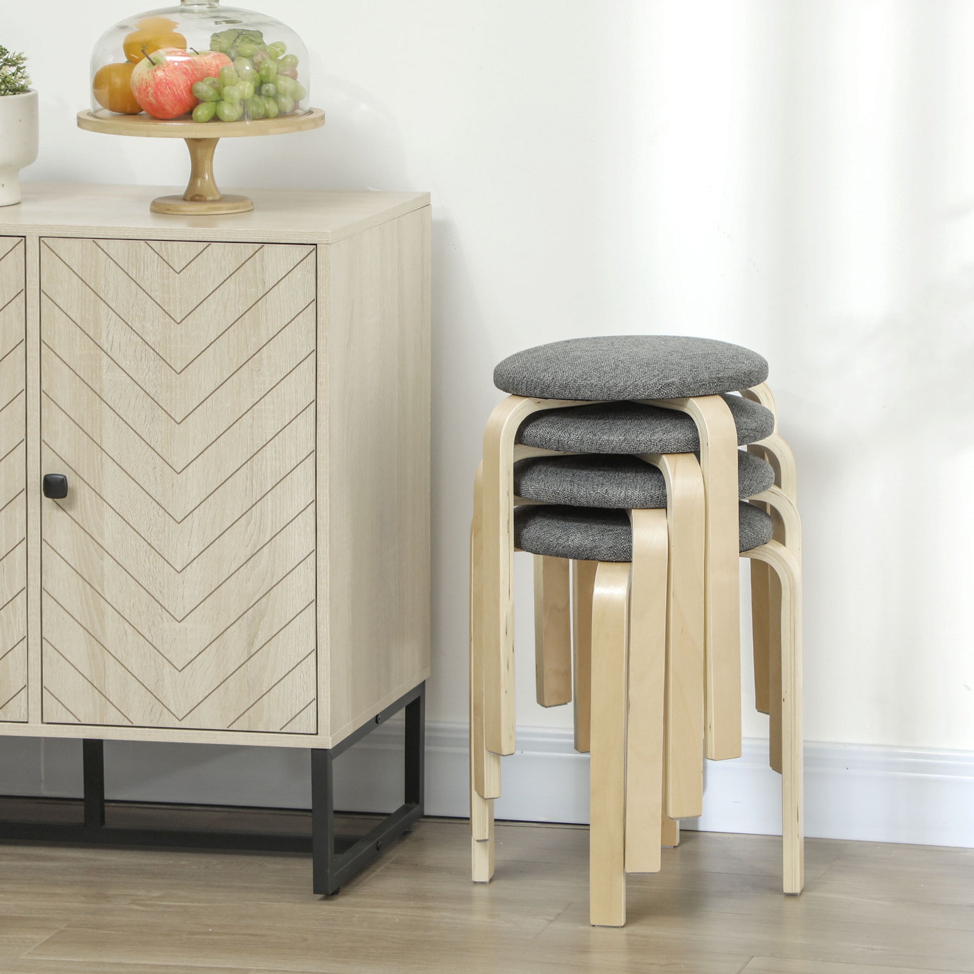 Set of 4 Dining Stools Stackable Round Stools, Kitchen Stools with Linen Look, Padded Stools for Dining Room, Living Room, Kitchen, Gray