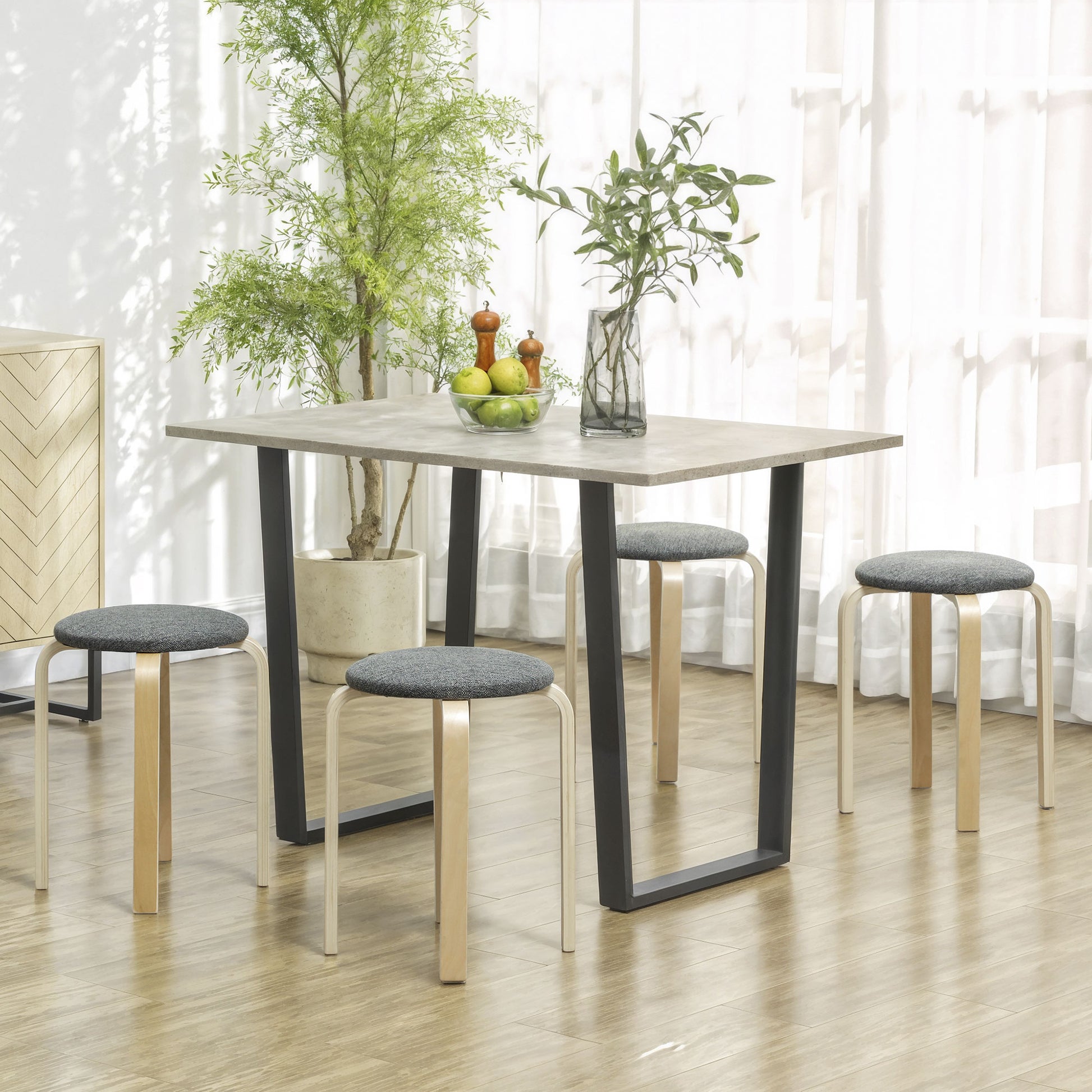 Set of 4 Dining Stools Stackable Round Stools, Kitchen Stools with Linen Look, Padded Stools for Dining Room, Living Room, Kitchen, Gray