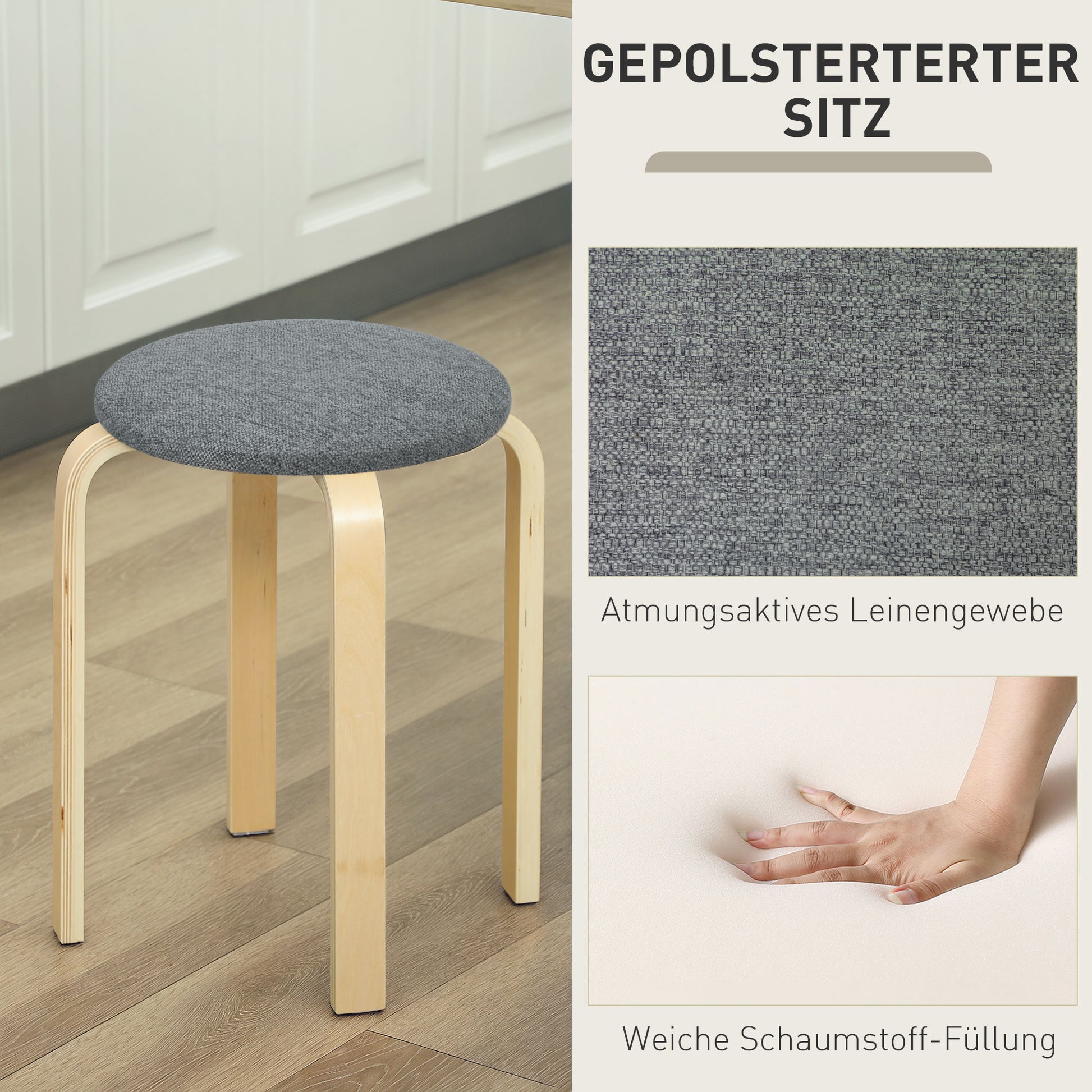 Set of 4 Dining Stools Stackable Round Stools, Kitchen Stools with Linen Look, Padded Stools for Dining Room, Living Room, Kitchen, Gray