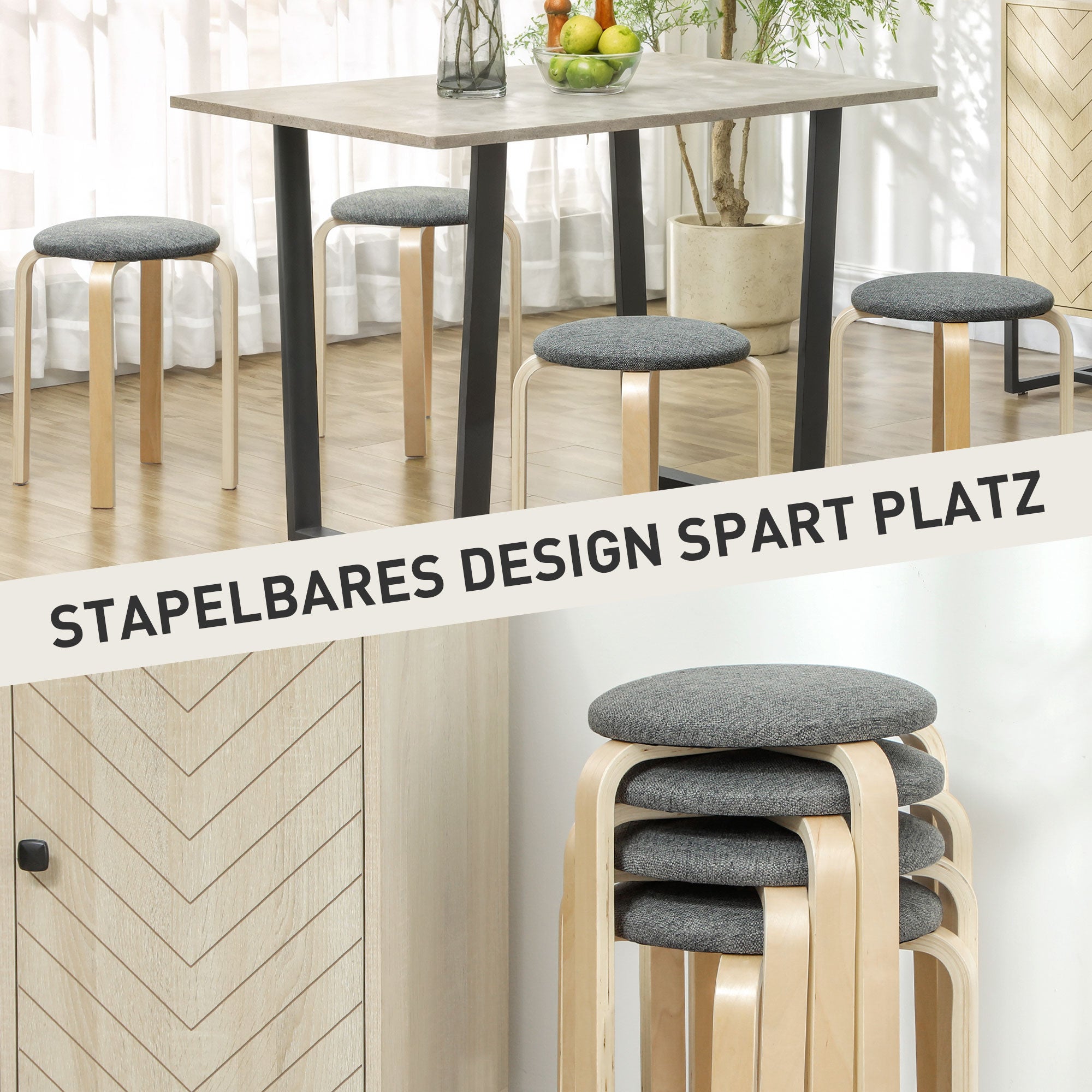 Set of 4 Dining Stools Stackable Round Stools, Kitchen Stools with Linen Look, Padded Stools for Dining Room, Living Room, Kitchen, Gray