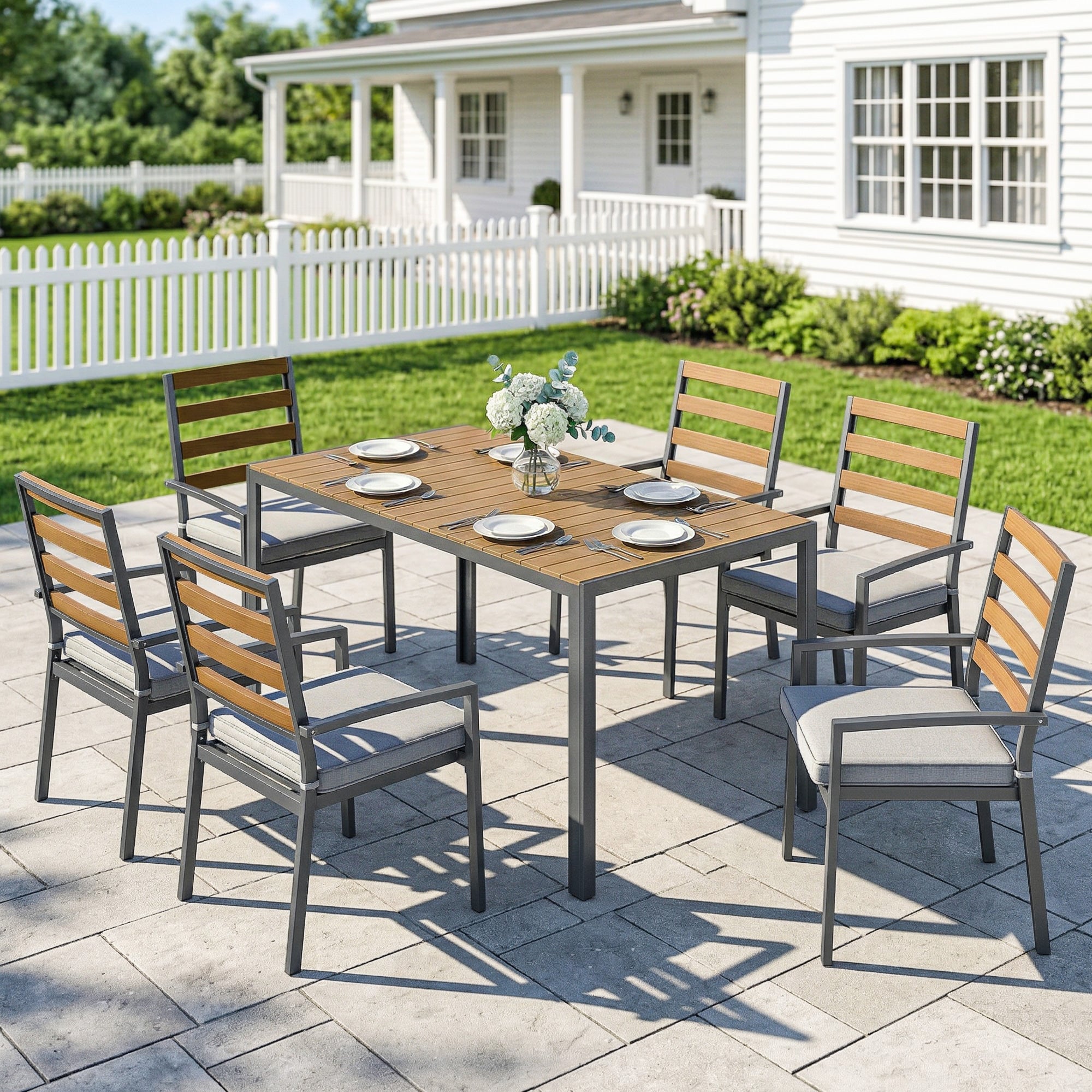 7-Piece Outdoor Dining Set — 1 Table & 6 Cushioned Chairs, Natural Wood Finish