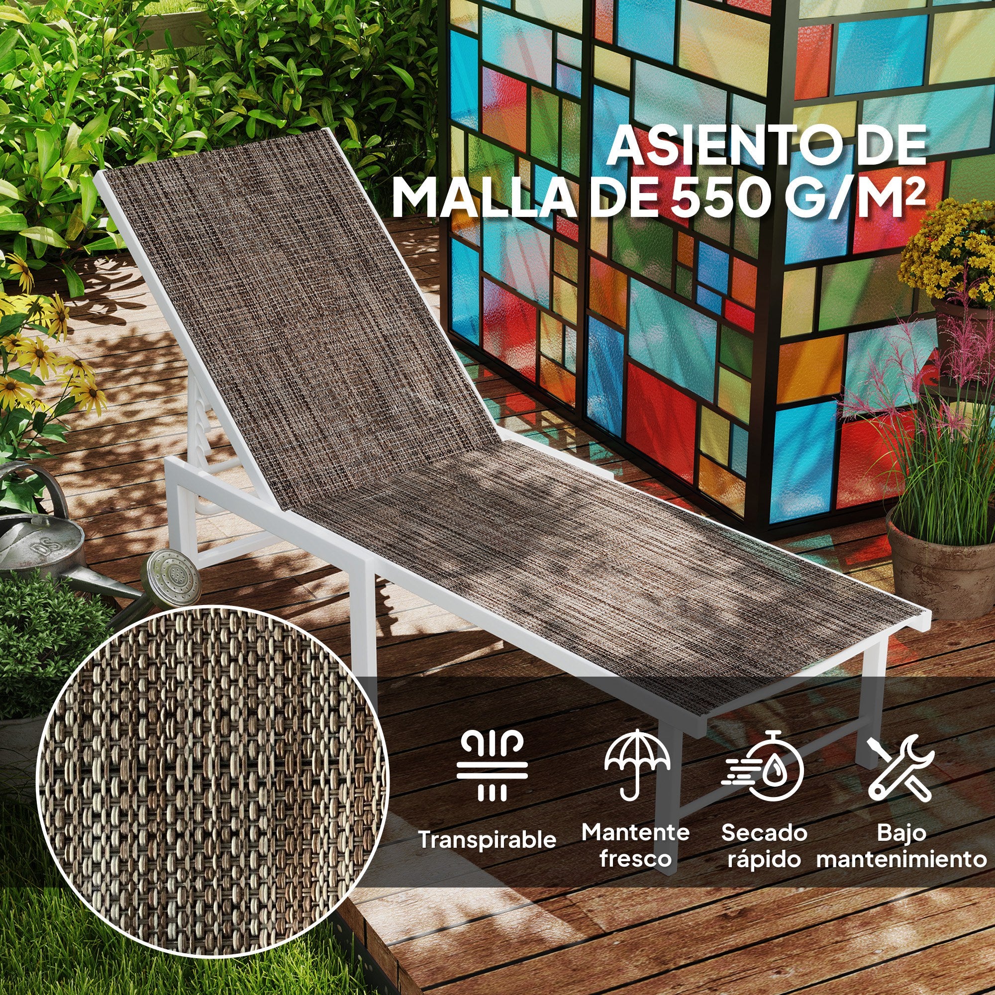 Reclining Sun Lounger Garden Lounger with Wheels Adjustable Backrest in 5 Levels and Steel Frame Load 120 kg for Patio Terrace Balcony 166x60x84 cm Brown
