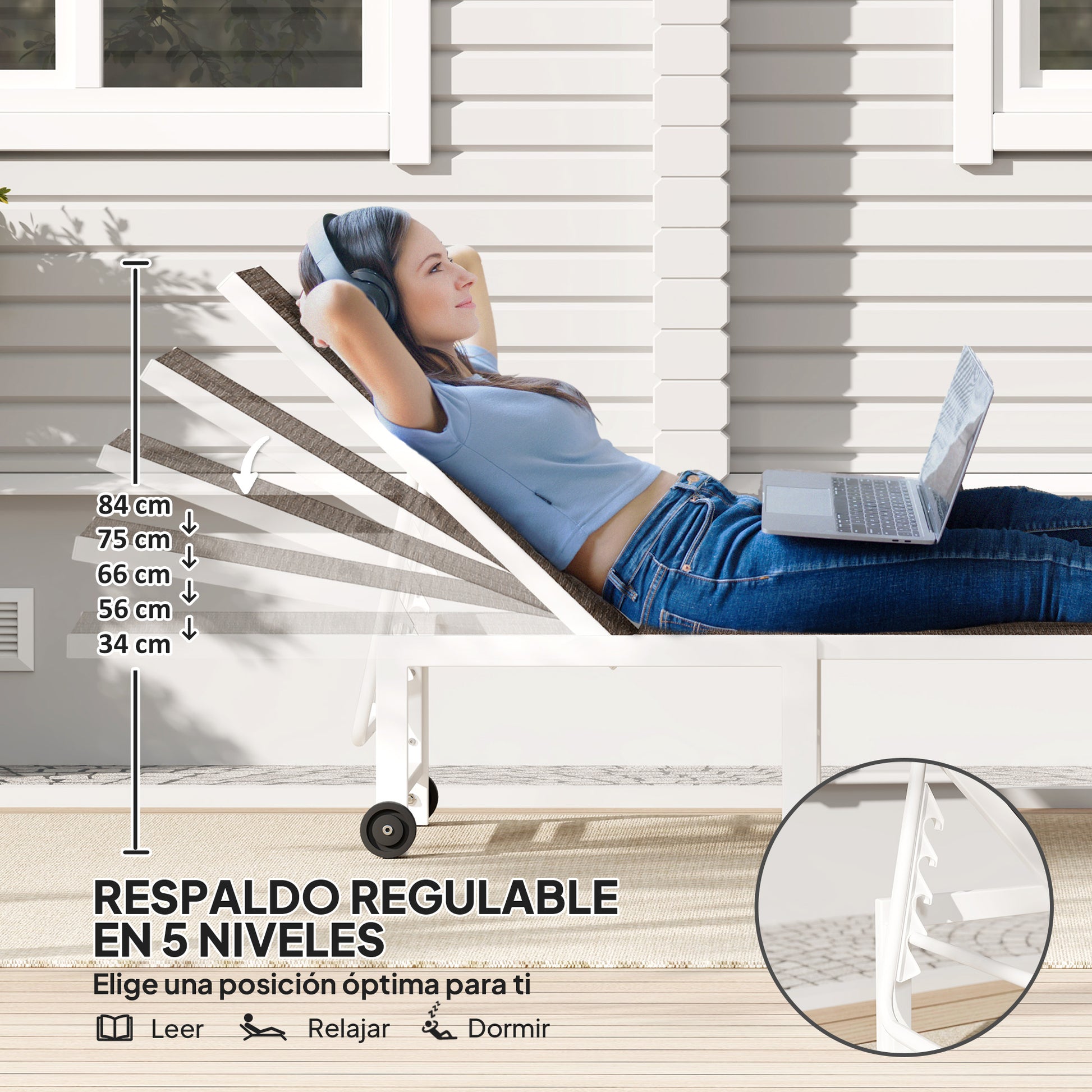 Reclining Sun Lounger Garden Lounger with Wheels Adjustable Backrest in 5 Levels and Steel Frame Load 120 kg for Patio Terrace Balcony 166x60x84 cm Brown