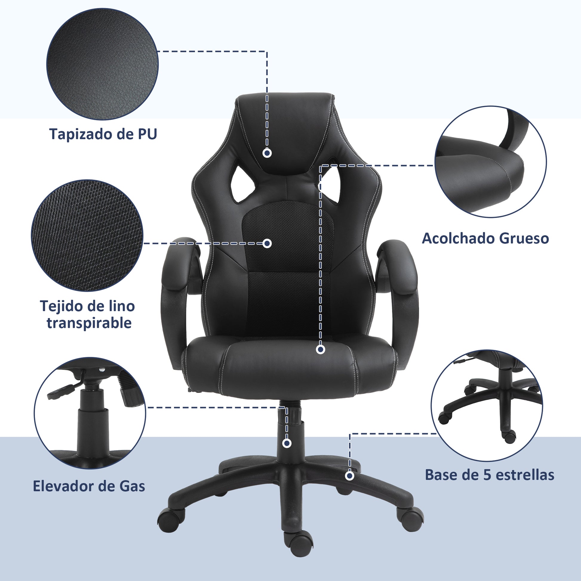 Office Chair Study Chair with Adjustable Height and High Back Upholstered in PU Leather and Breathable Mesh 71x61x108-118 cm Black