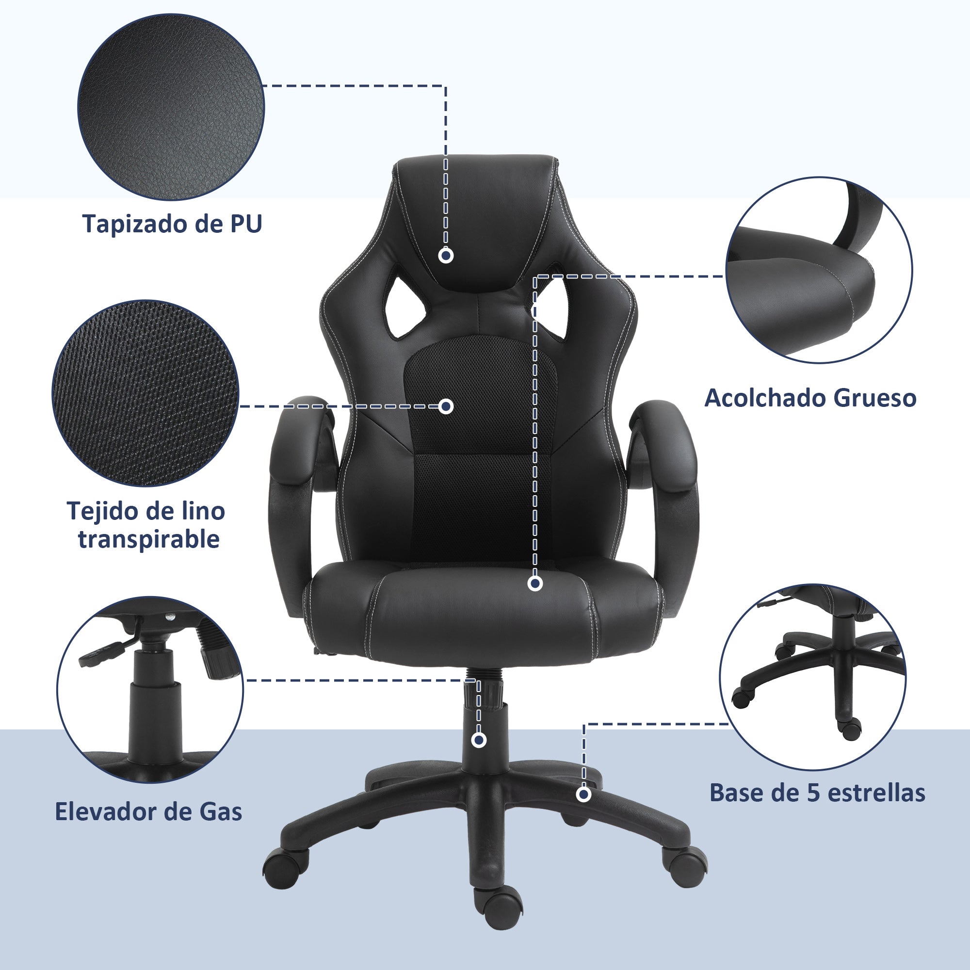 Office Chair Study Chair with Adjustable Height and High Back Upholstered in PU Leather and Breathable Mesh 71x61x108-118 cm Black