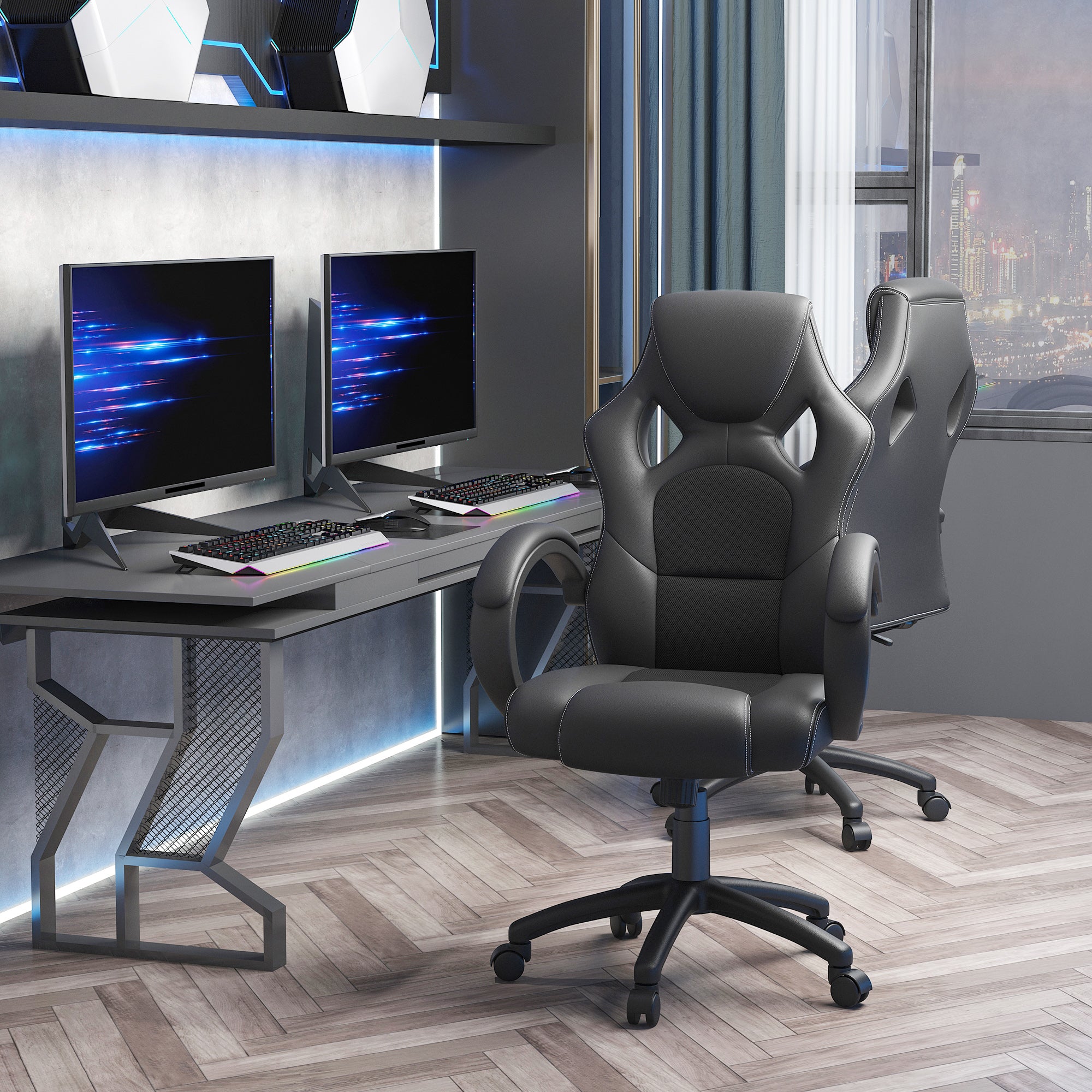 Office Chair Study Chair with Adjustable Height and High Back Upholstered in PU Leather and Breathable Mesh 71x61x108-118 cm Black