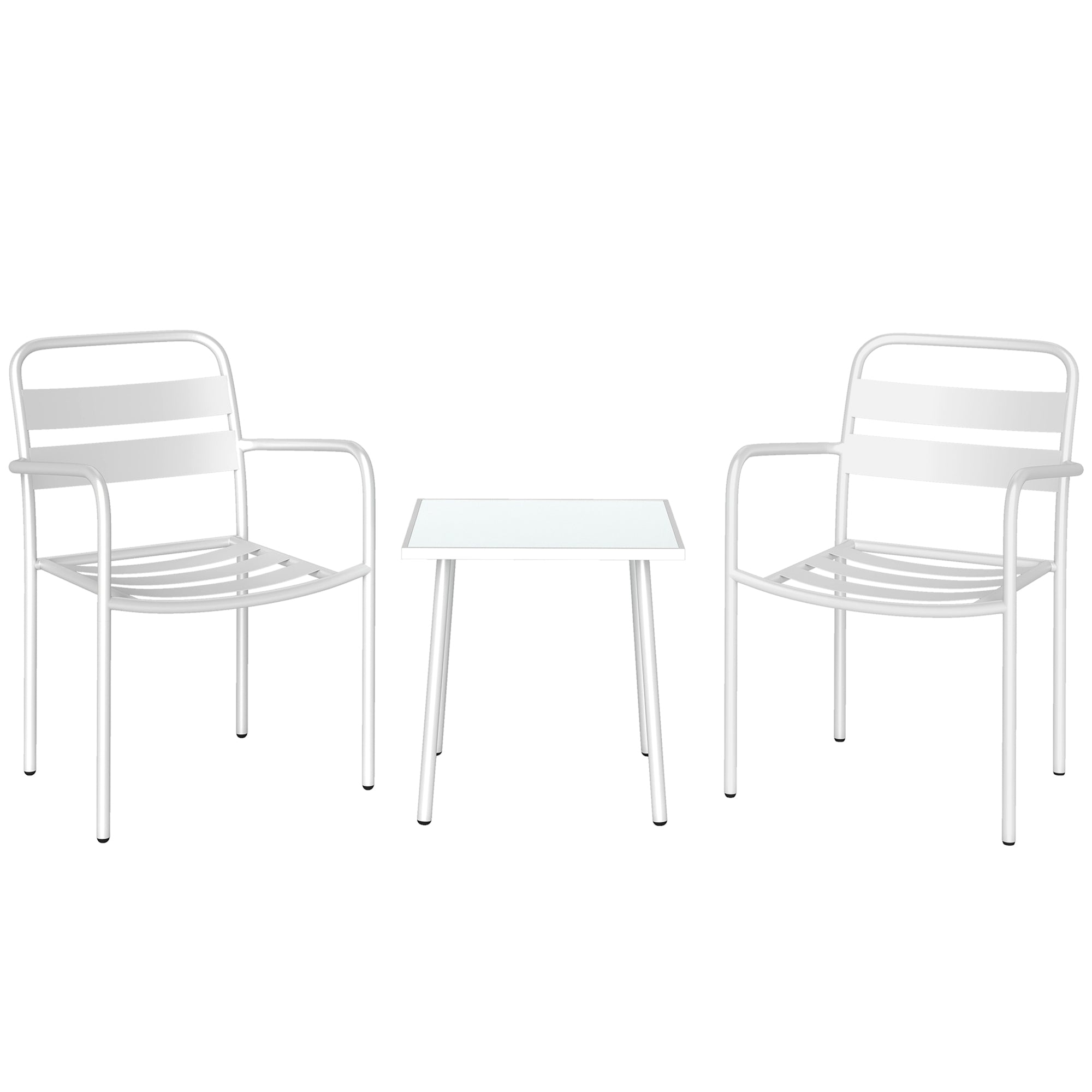 3-Piece Outdoor Garden Bistro Set – Galvanized Steel with 2 Chairs & Tempered Glass Table, Weather-Resistant, White