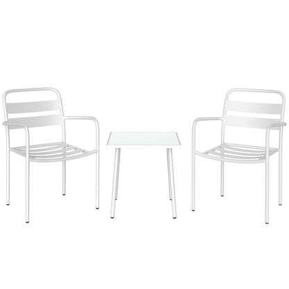 3-Piece Outdoor Garden Bistro Set – Galvanized Steel with 2 Chairs & Tempered Glass Table, Weather-Resistant, White