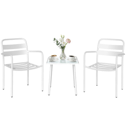 3-Piece Outdoor Garden Bistro Set – Galvanized Steel with 2 Chairs & Tempered Glass Table, Weather-Resistant, White