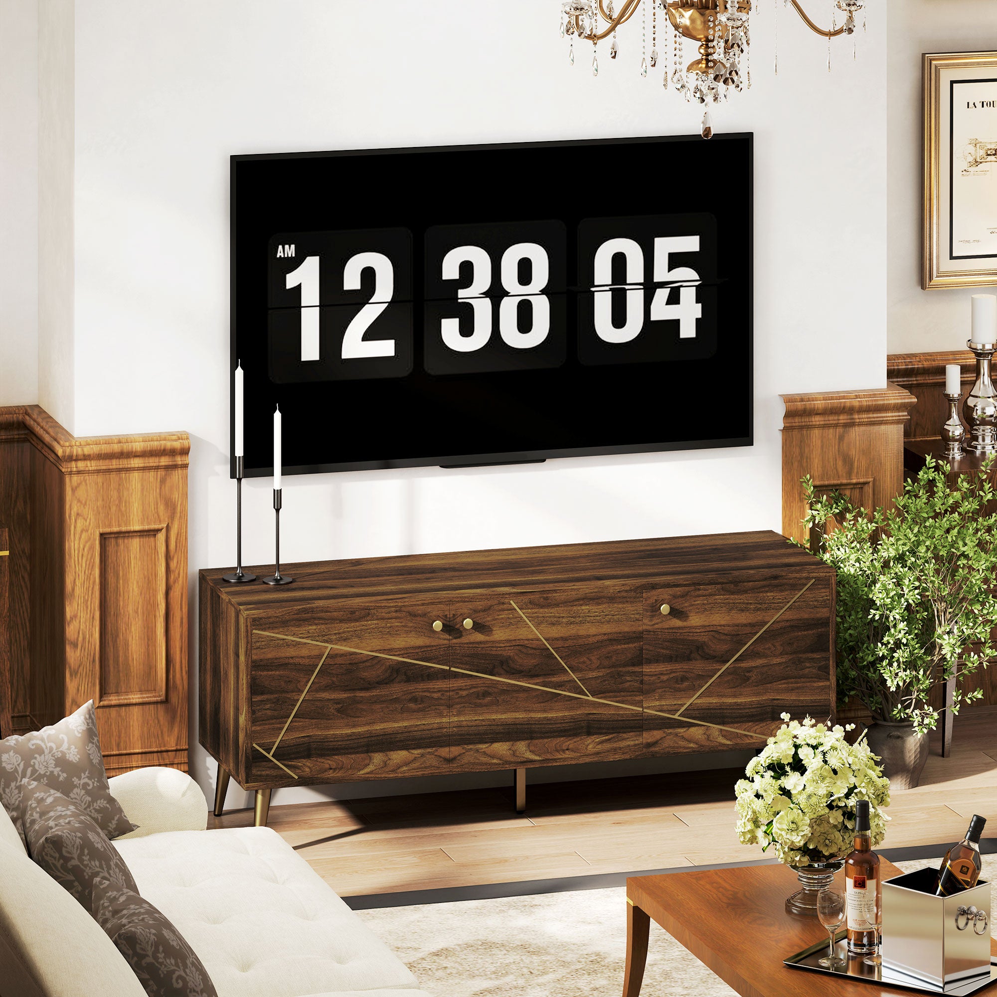 TV stand wooden TV unit for TVs up to 60 inches with cupboards adjustable shelves golden steel legs for living room bedroom, 130 x 40 x 52 cm brown