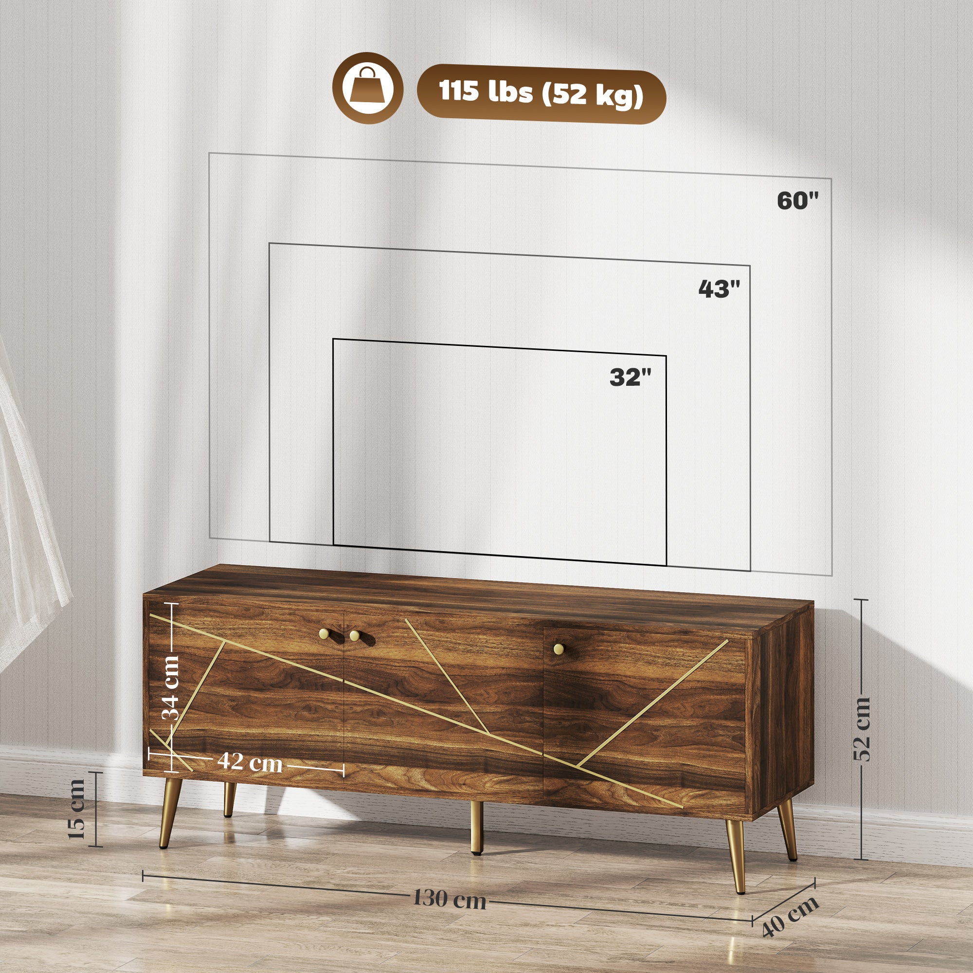 TV stand wooden TV unit for TVs up to 60 inches with cupboards adjustable shelves golden steel legs for living room bedroom, 130 x 40 x 52 cm brown
