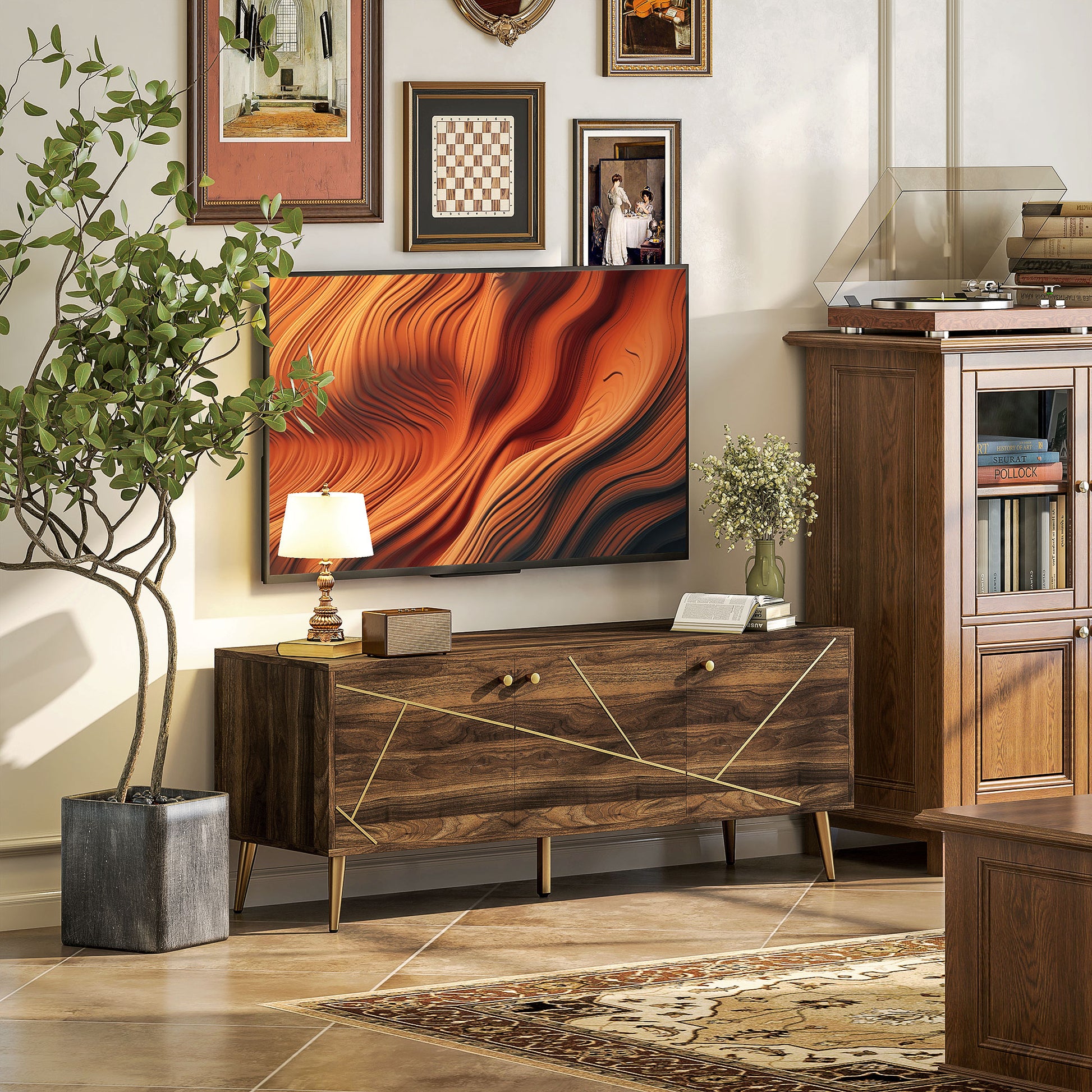 TV stand wooden TV unit for TVs up to 60 inches with cupboards adjustable shelves golden steel legs for living room bedroom, 130 x 40 x 52 cm brown