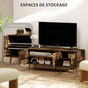TV stand wooden TV unit for TVs up to 60 inches with cupboards adjustable shelves golden steel legs for living room bedroom, 130 x 40 x 52 cm brown