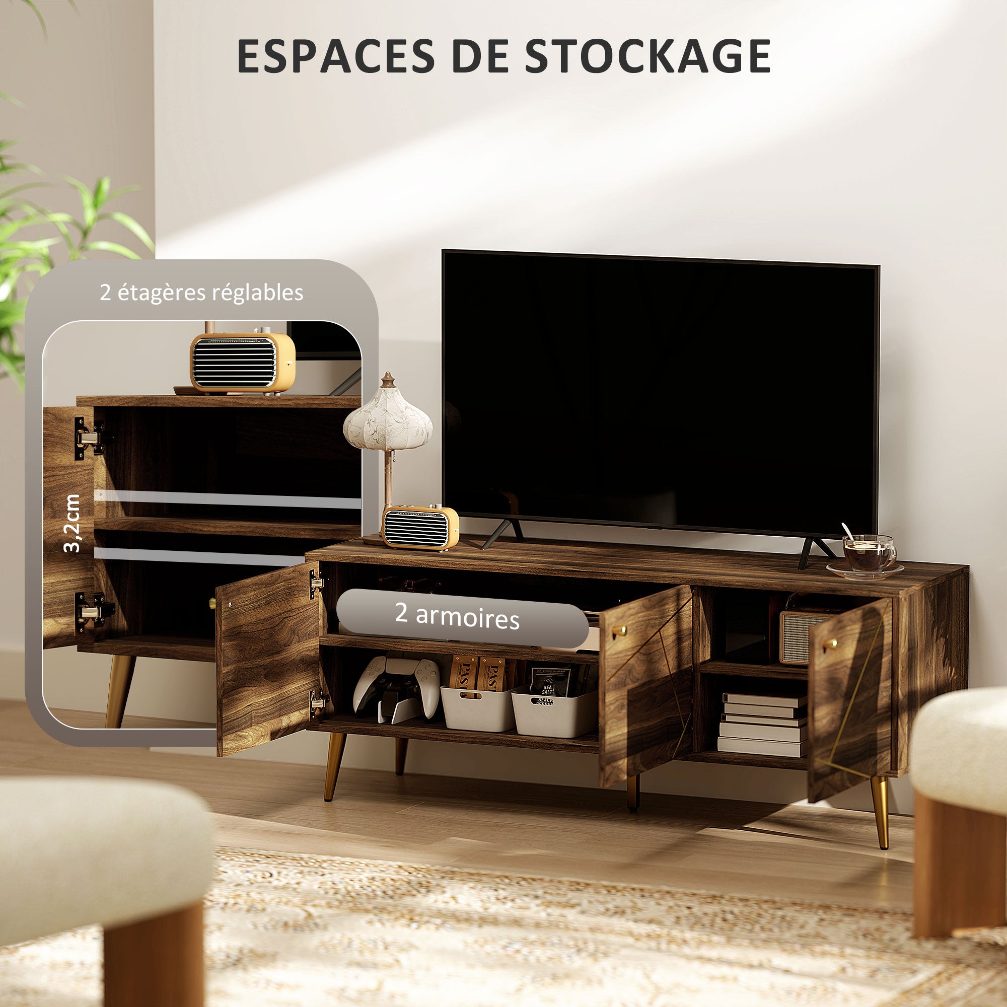 TV stand wooden TV unit for TVs up to 60 inches with cupboards adjustable shelves golden steel legs for living room bedroom, 130 x 40 x 52 cm brown