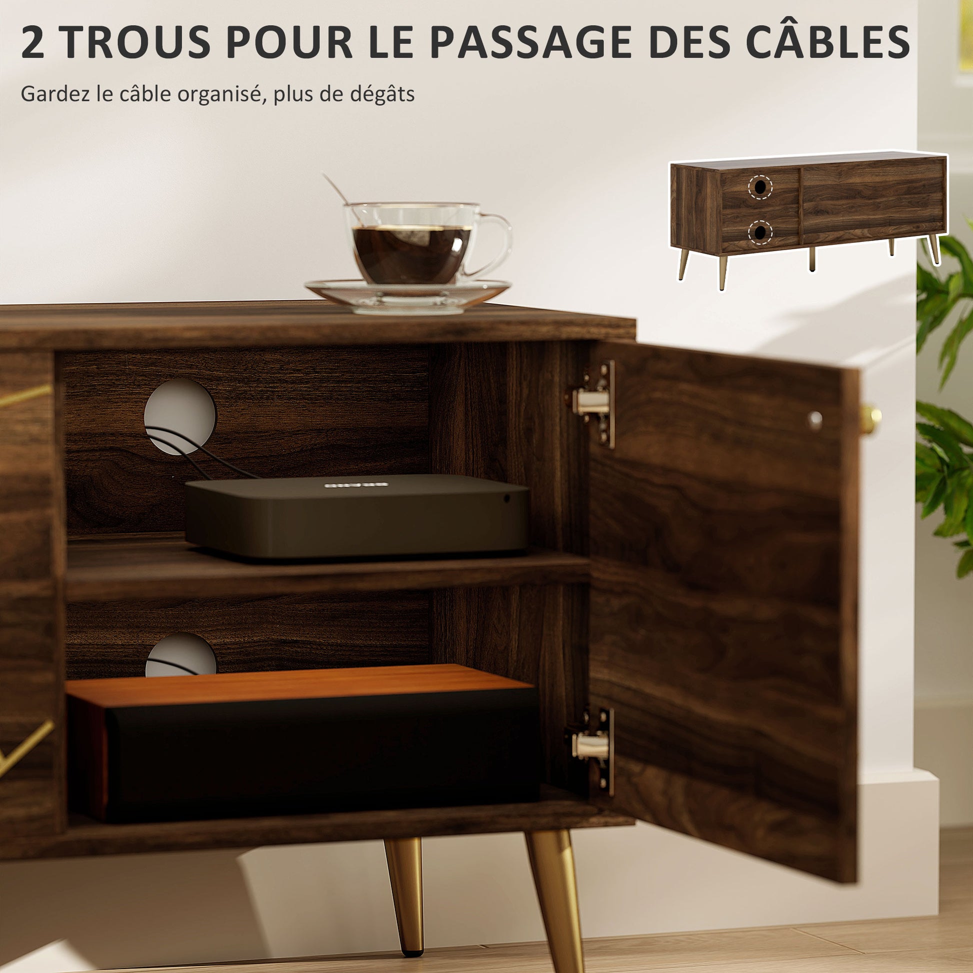 TV stand wooden TV unit for TVs up to 60 inches with cupboards adjustable shelves golden steel legs for living room bedroom, 130 x 40 x 52 cm brown
