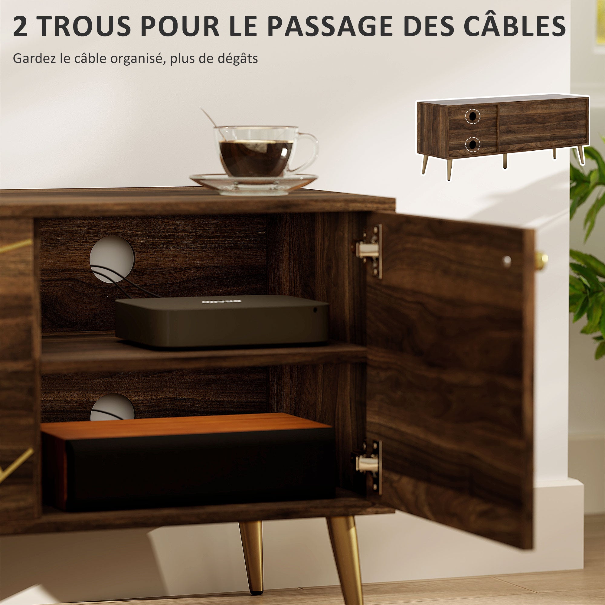 TV stand wooden TV unit for TVs up to 60 inches with cupboards adjustable shelves golden steel legs for living room bedroom, 130 x 40 x 52 cm brown