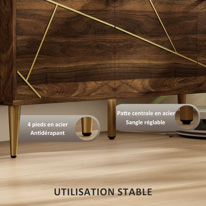 TV stand wooden TV unit for TVs up to 60 inches with cupboards adjustable shelves golden steel legs for living room bedroom, 130 x 40 x 52 cm brown