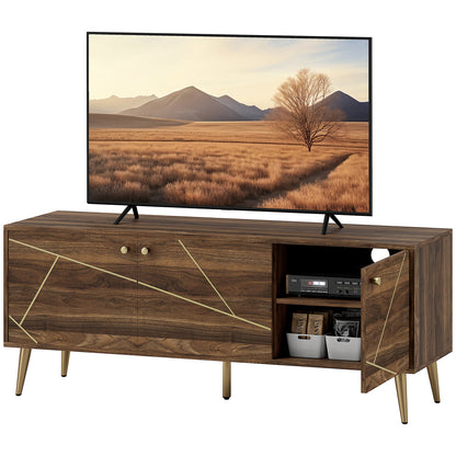 TV stand wooden TV unit for TVs up to 60 inches with cupboards adjustable shelves golden steel legs for living room bedroom, 130 x 40 x 52 cm brown