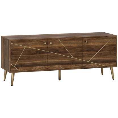 TV stand wooden TV unit for TVs up to 60 inches with cupboards adjustable shelves golden steel legs for living room bedroom, 130 x 40 x 52 cm brown