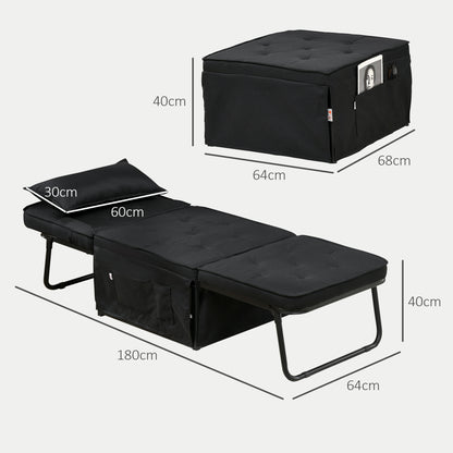 Single Seater Convertible Armchair Bed Chaise Longue 4 in 1 with 5-Level Reclining Backrest, Foldable Footrest, Removable Cushion and Pockets, for Guest Room Black