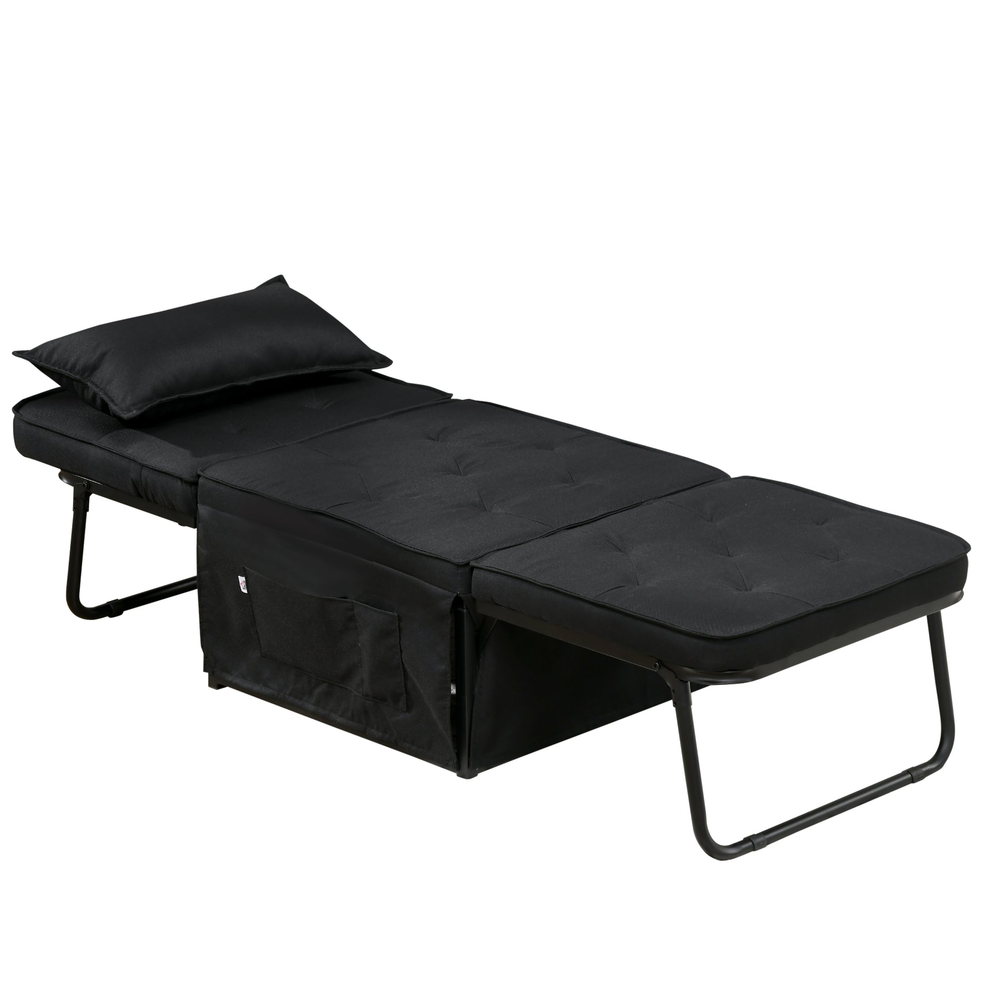 Single Seater Convertible Armchair Bed Chaise Longue 4 in 1 with 5-Level Reclining Backrest, Foldable Footrest, Removable Cushion and Pockets, for Guest Room Black