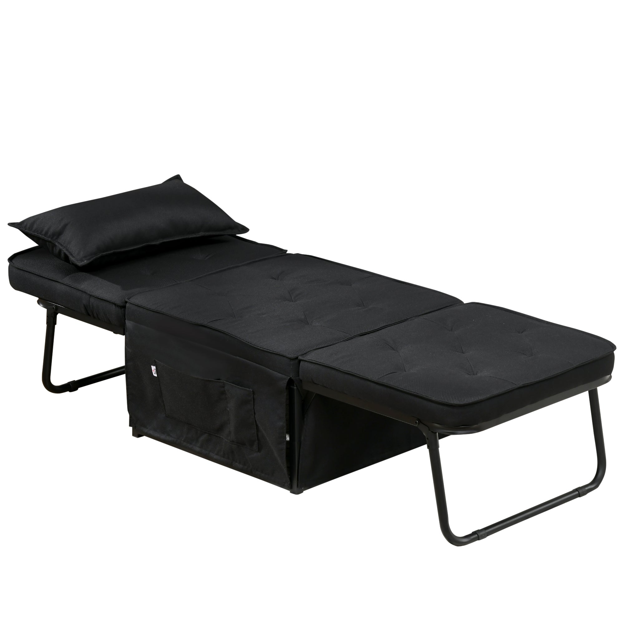 Single Seater Convertible Armchair Bed Chaise Longue 4 in 1 with 5-Level Reclining Backrest, Foldable Footrest, Removable Cushion and Pockets, for Guest Room Black