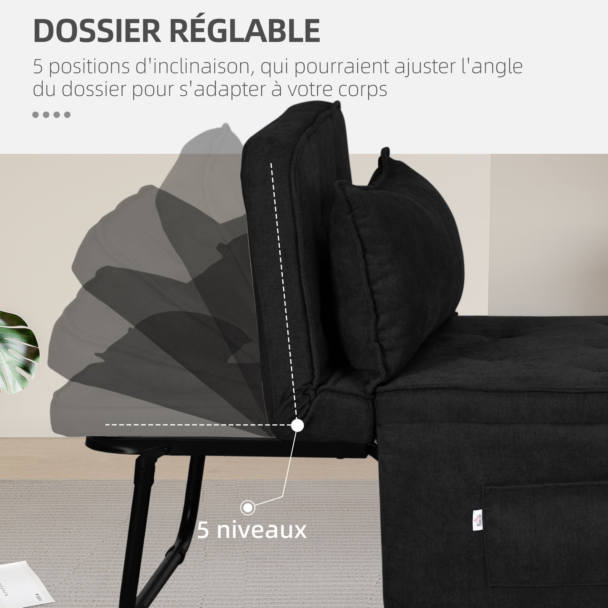 Single Seater Convertible Armchair Bed Chaise Longue 4 in 1 with 5-Level Reclining Backrest, Foldable Footrest, Removable Cushion and Pockets, for Guest Room Black