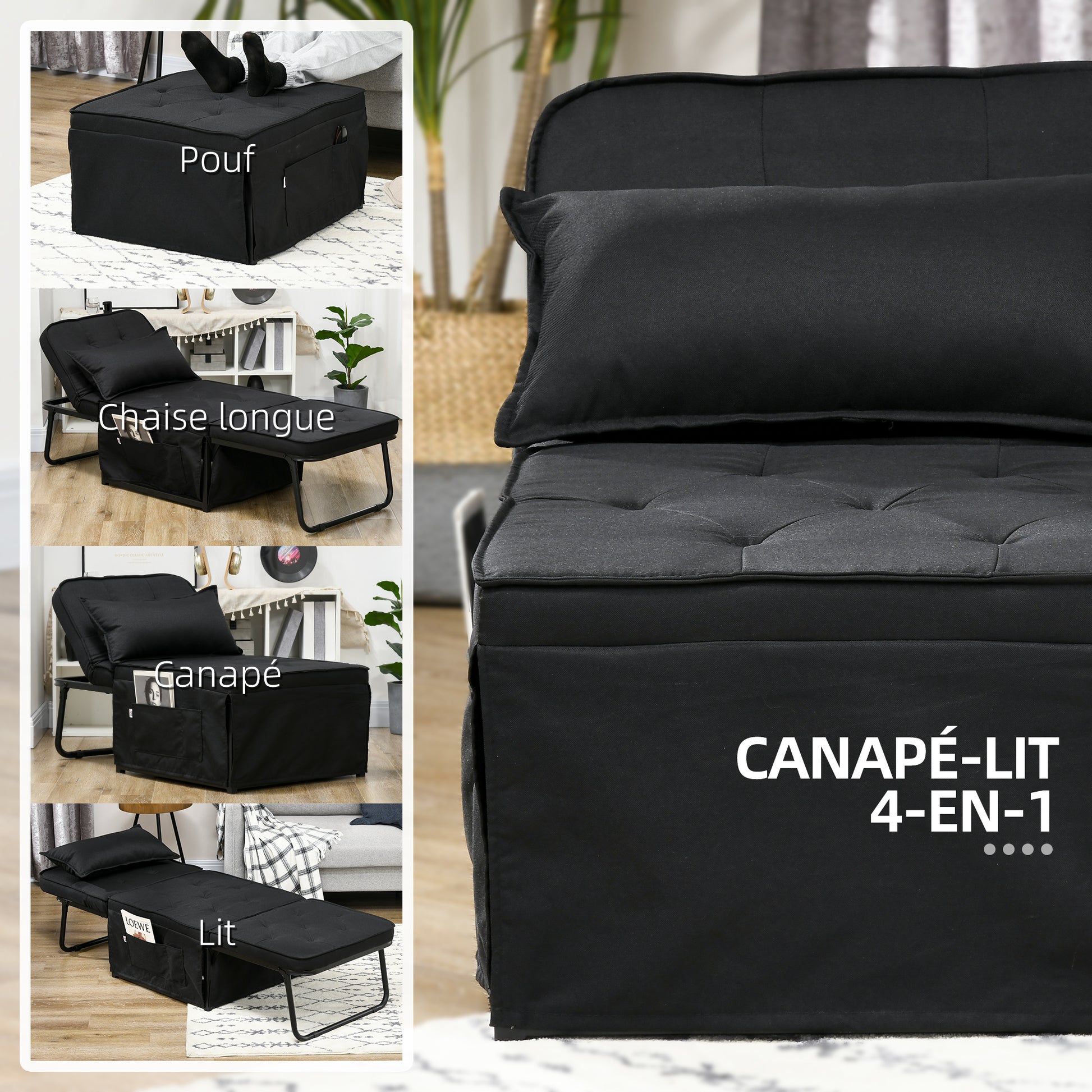 Single Seater Convertible Armchair Bed Chaise Longue 4 in 1 with 5-Level Reclining Backrest, Foldable Footrest, Removable Cushion and Pockets, for Guest Room Black