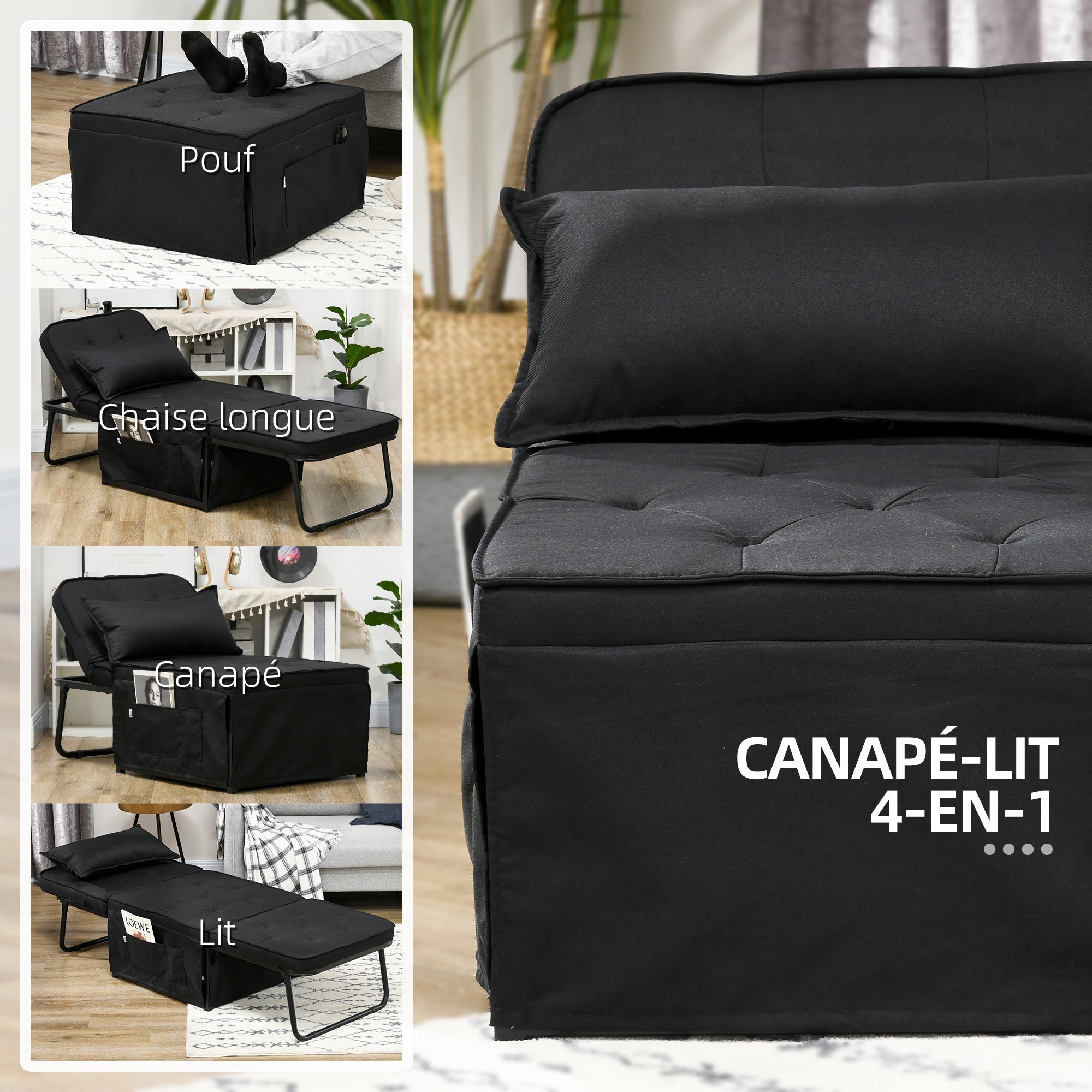 Single Seater Convertible Armchair Bed Chaise Longue 4 in 1 with 5-Level Reclining Backrest, Foldable Footrest, Removable Cushion and Pockets, for Guest Room Black
