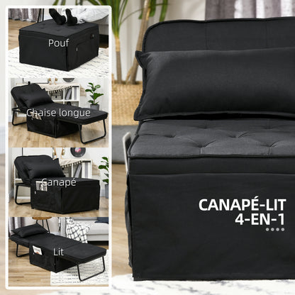 Single Seater Convertible Armchair Bed Chaise Longue 4 in 1 with 5-Level Reclining Backrest, Foldable Footrest, Removable Cushion and Pockets, for Guest Room Black