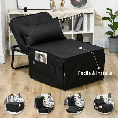 Single Seater Convertible Armchair Bed Chaise Longue 4 in 1 with 5-Level Reclining Backrest, Foldable Footrest, Removable Cushion and Pockets, for Guest Room Black