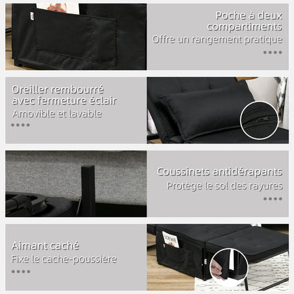 Single Seater Convertible Armchair Bed Chaise Longue 4 in 1 with 5-Level Reclining Backrest, Foldable Footrest, Removable Cushion and Pockets, for Guest Room Black