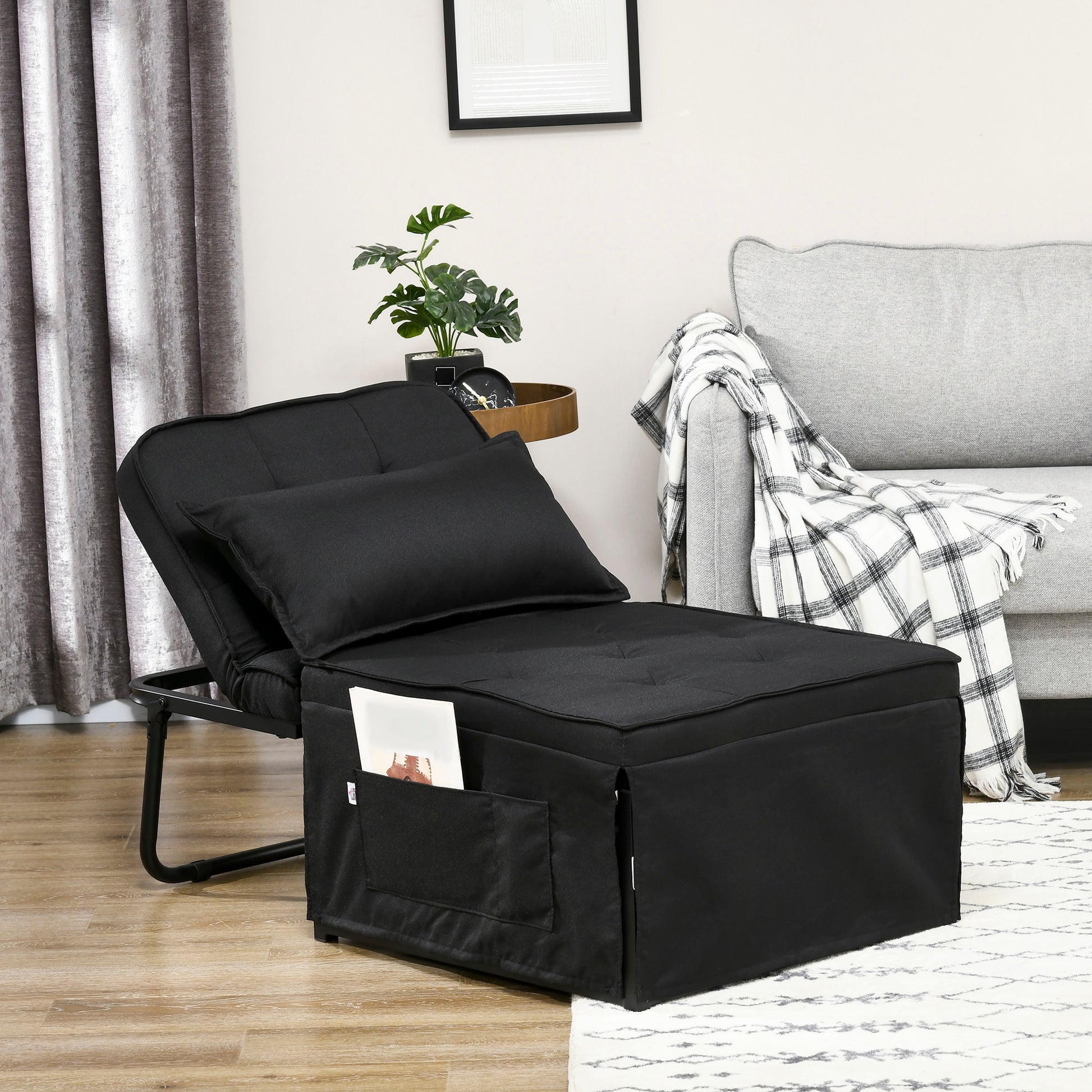 Single Seater Convertible Armchair Bed Chaise Longue 4 in 1 with 5-Level Reclining Backrest, Foldable Footrest, Removable Cushion and Pockets, for Guest Room Black
