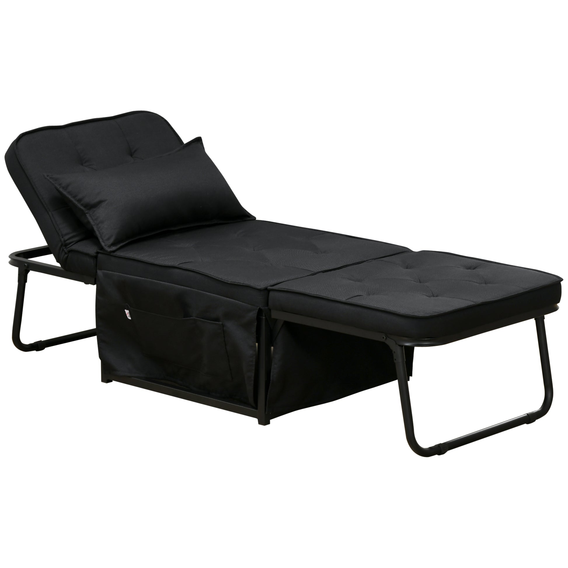 Single Seater Convertible Armchair Bed Chaise Longue 4 in 1 with 5-Level Reclining Backrest, Foldable Footrest, Removable Cushion and Pockets, for Guest Room Black
